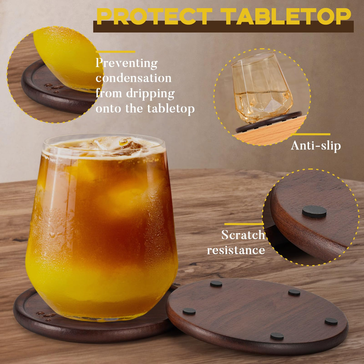 Wood Coasters with Metal Holder, GOH DODD Set of 6 Walnut Wooden Coaster Tabletop Protection for Drinks Coffee Table Home Kitchen Office Bar Living Room Decor Housewarming Gifts Wedding Party, 4 Inch