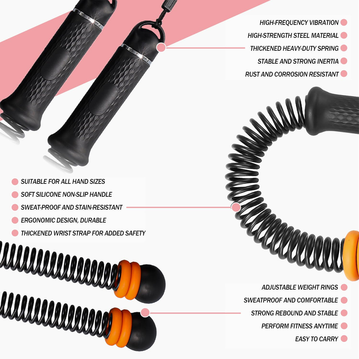 Upgrade Portable Ropeless Battle Ropes - Adjustable Weights Cordless Battle Ropes for Home Gym with Training Poster - Battle Rope Sticks Exercise Equipment for Low-Impact Workout, HIIT & Cardio - Pink