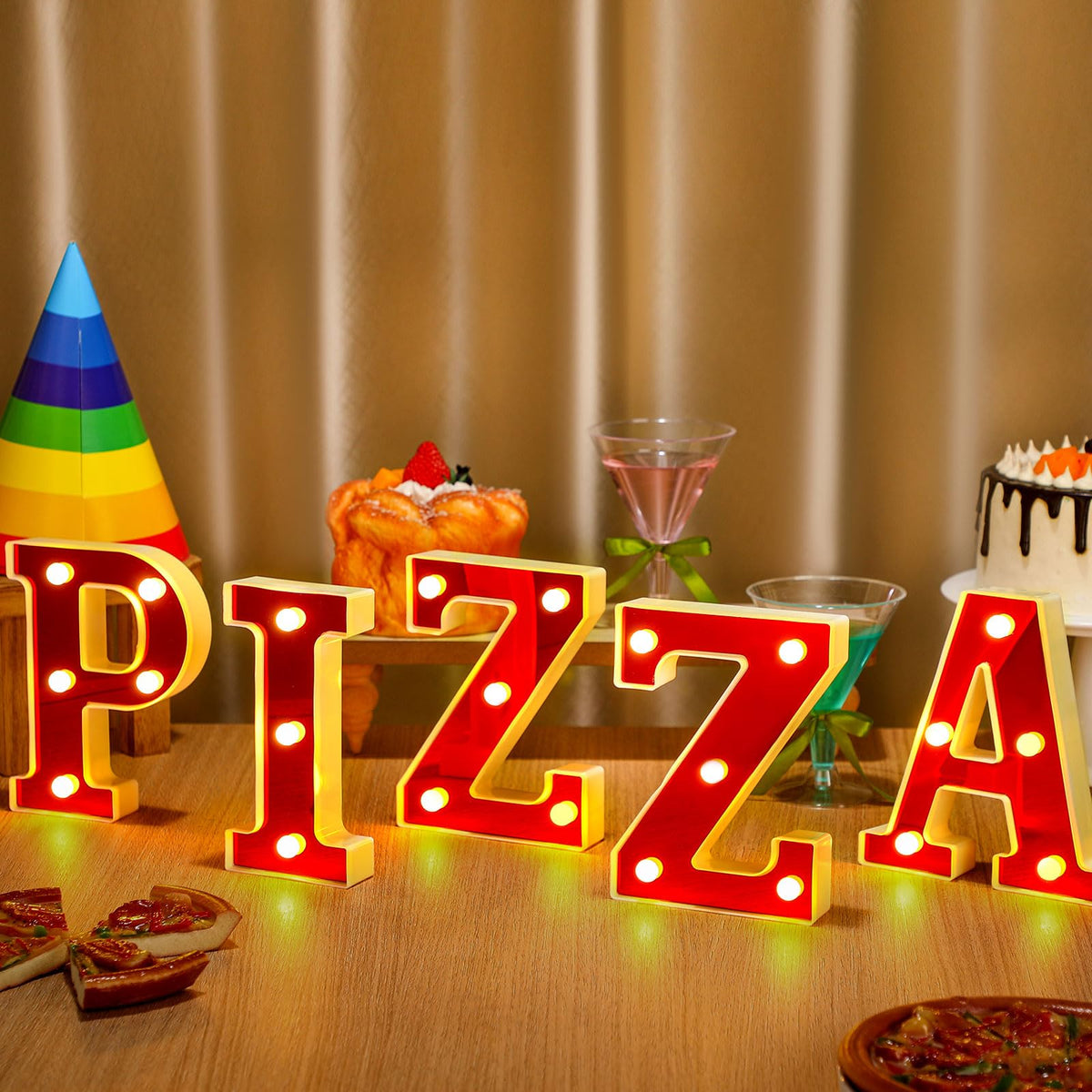 Aurelema Pizza 6.3" Light up Letters Sign Party Decorations Battery Powered Marquee Lighted Sign LED Alphabet Letter Lights for Christmas Night Party Birthday Home Tabletop Decor Supplies Xmas Gift