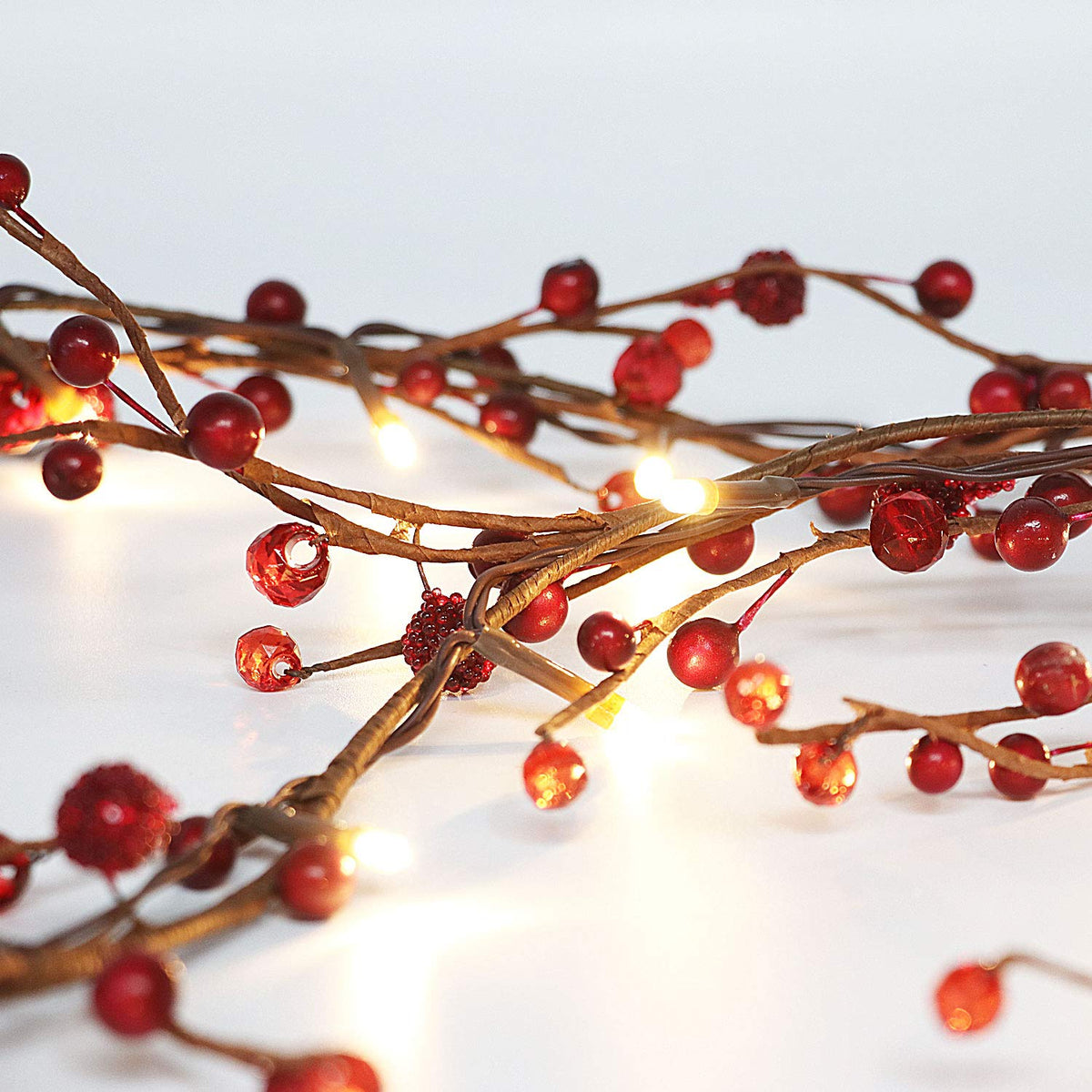 Rhytsing Red Berry Branch Pre-lit Garland with 30LED Lights, Battery Operated Fairy String Lights with Timer Function for Christmas Mantle Decoration Indoor Use - 5.9FT