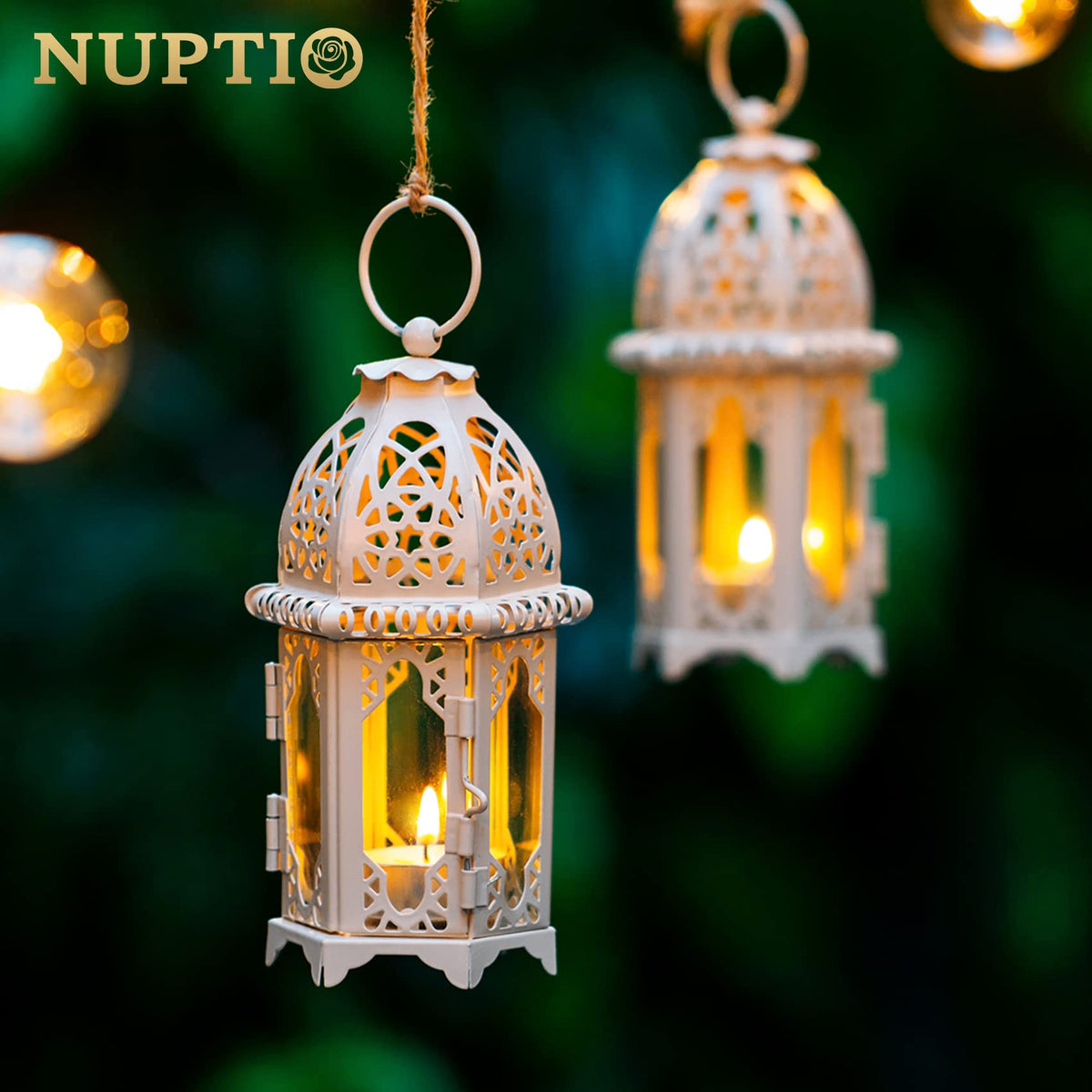 NUPTIO 2 Pcs Moroccan Style Candle Lantern - Small Sized Tealight Candle Holder with Transparent Glass Panels Great for Patio, Indoors/Outdoors, Events, Parties and Weddings, White
