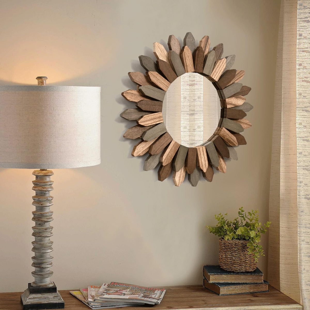 Honiway Boho Wall Decor 12 inch Decorative Mirror with Rustic Wood Sunburst Frame, Perfect for Bedroom, Living Room, Bathroom, Kitchen