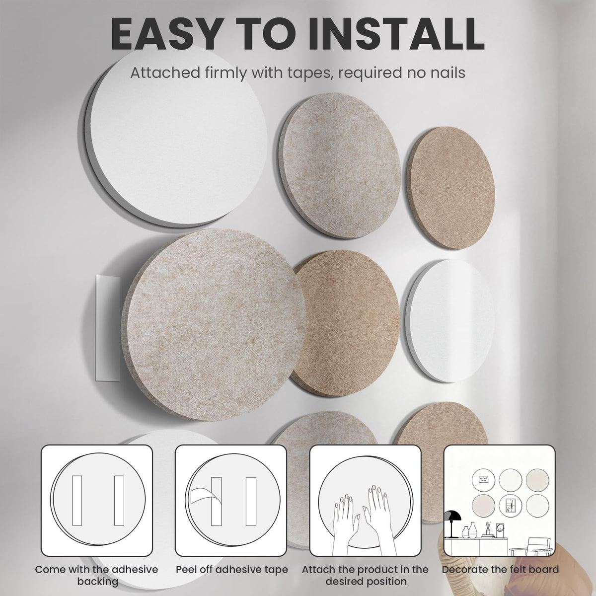 Bulletin Board, 11.8'' X 11.8'' Cork Board Alternative, 9 Pack Round Felt Board with Pushpins, Decorative Felt Notice Vision Board Photo Display Board for Office Home School Wall