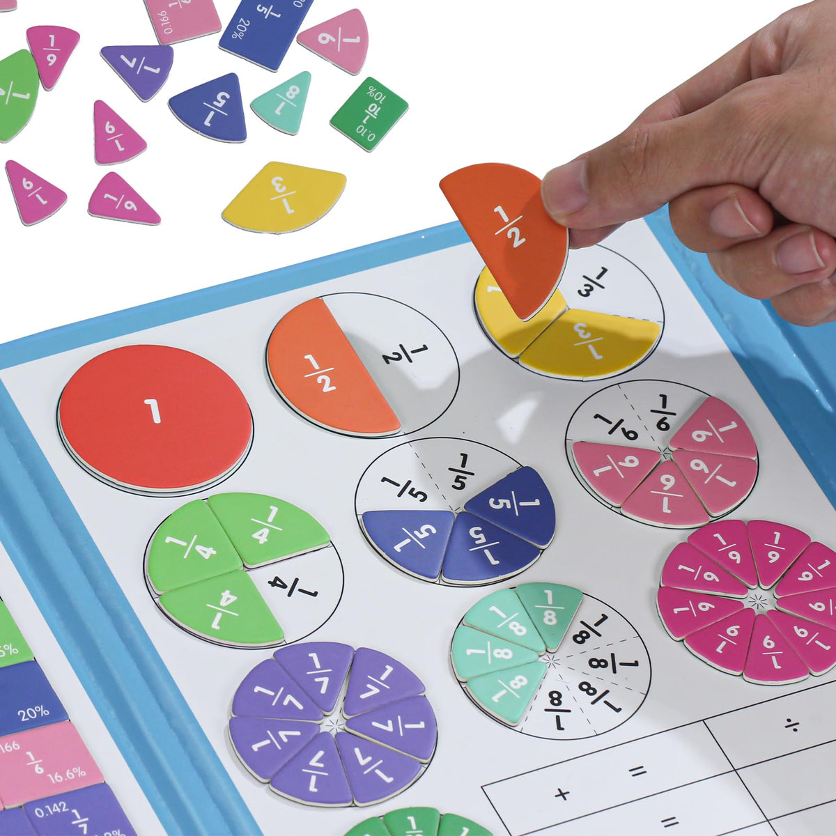 Magnetic Fraction Educational Puzzle with Fraction Tiles & Circles, Math Manipulatives Montessori Learning Toys to Help Kids Learn Fractions and Build Early Math Skills (Blue)