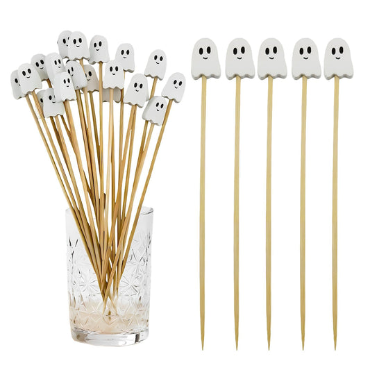 100 Pcs Ghost Cocktail Picks for Halloween and Fall – Bamboo Toothpicks with Cute Ghost Design for Appetizers, Fruit, Desserts, Coffee Drinks, Cake Toppers and Party Decorations (white)
