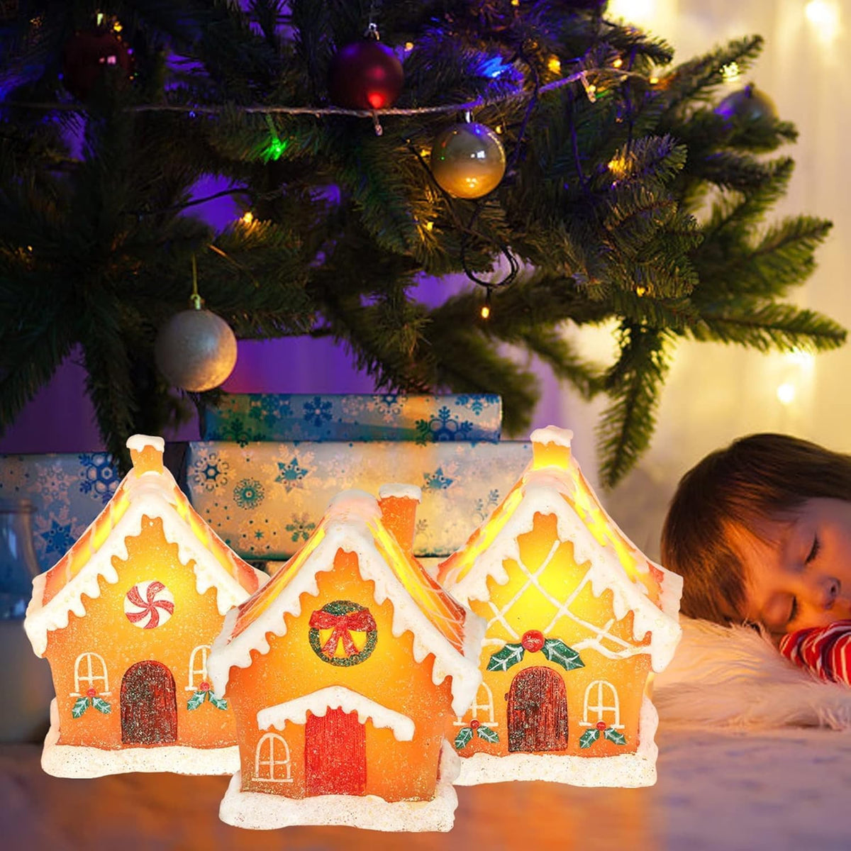 Christmas Gingerbread House Tabletop Decoration Lighted Christmas Village House Real Wax Battery Operated with Remote Flickering LED Light Christmas Village Decor for Mantel Desk Table Centerpiece