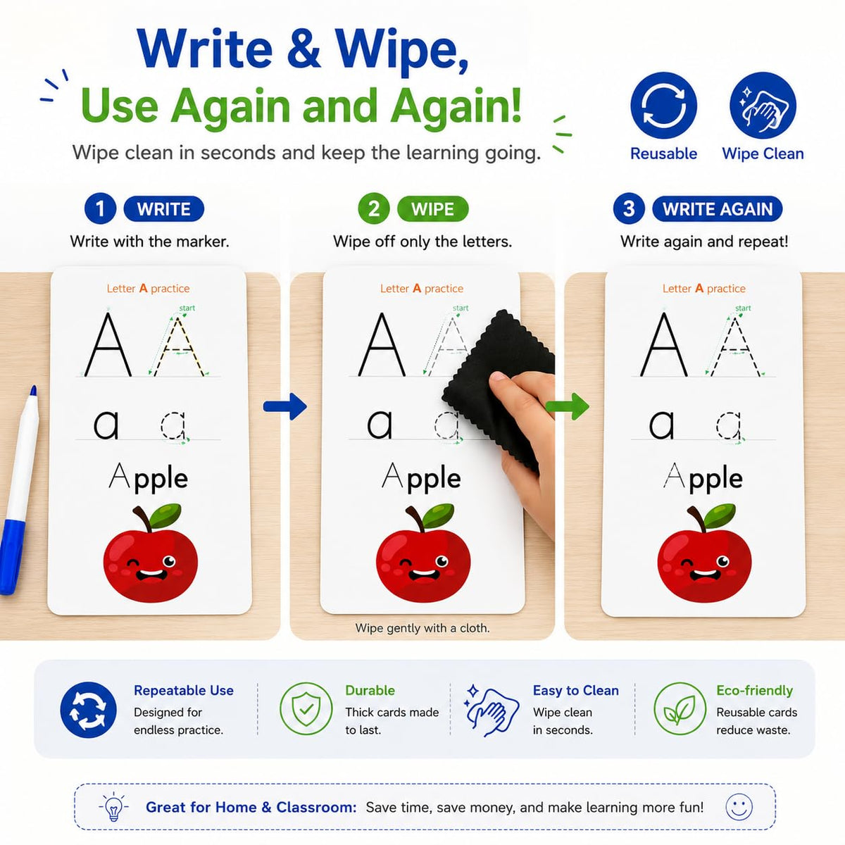 Write & Wipe Activity Cards for Kids, Reusable Tracing Flash Cards, Preschool Handwriting Practice Set, Letter Number Math Learning Activities Ages 3-6 (Letter Tracing)
