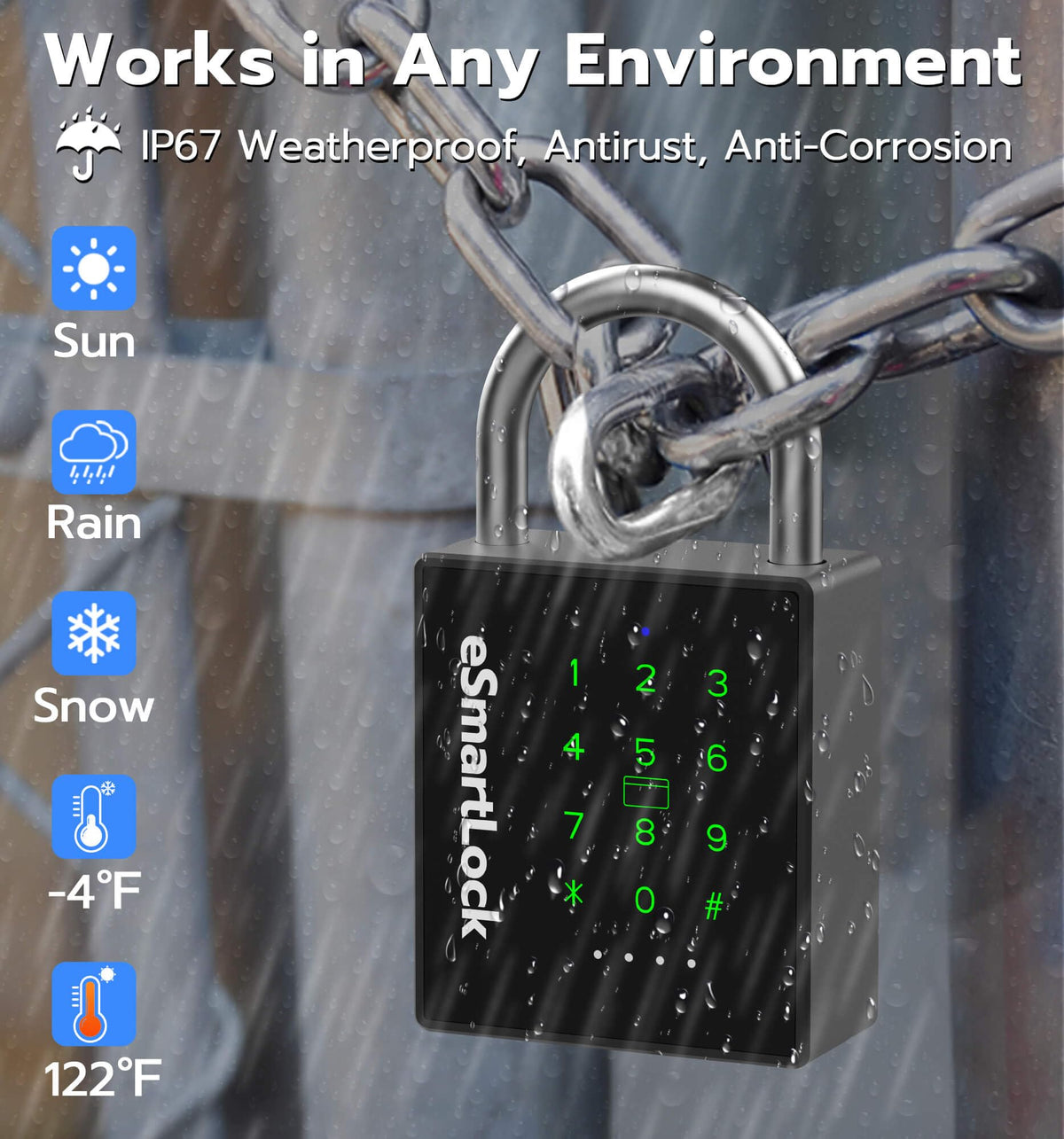 eLinkSmart Heavy Duty Smart Padlock with Key, Pad Lock with Code Keypad, Weatherproof Bluetooth RFID Keyless Electronic Digital Combination Lock for Gate Outdoor Fence Storage Unit Locker Shed Pool