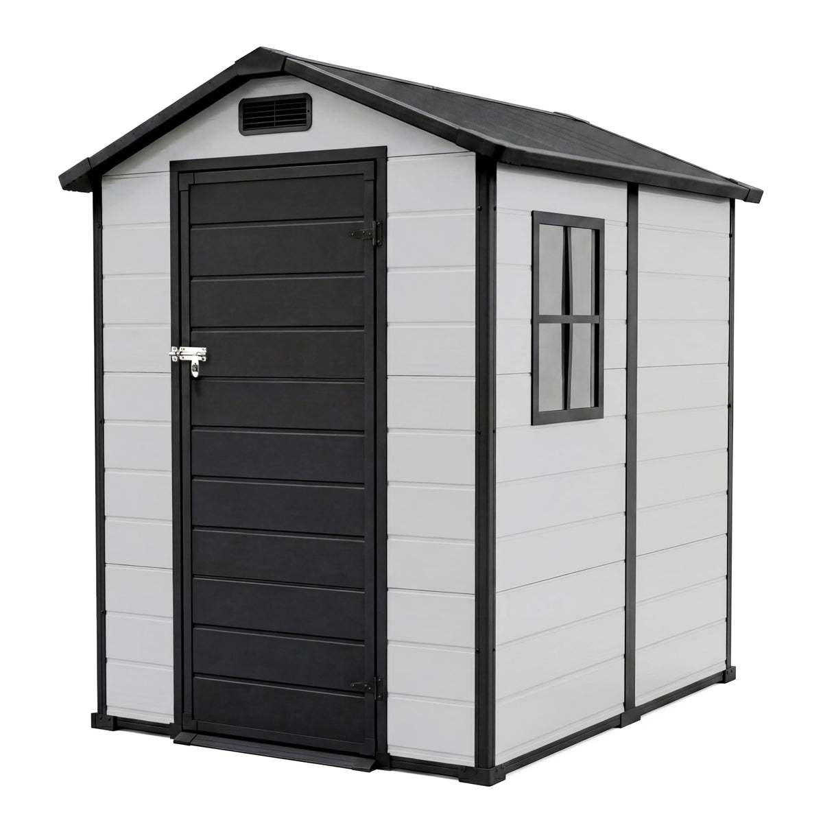 Outdoor Storage Shed with Floor, Plastic Resin Garden Shed with Window & Sloping Roof & Lockable Door for Patio Backyard Garden, Lawn Mower, Bike, Tool Storage (Grayish White + Black, 4' x 6')