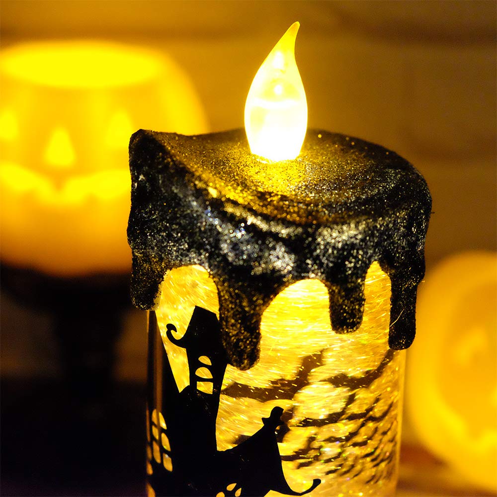 Eldnacele Halloween Snow Globe Candles Lighted Lamp, Battery Operated Spooky Spinning Water Glittering Tornado Candle Flameless Candles Table Centerpiece for Halloween Decoration Indoor(Castle)