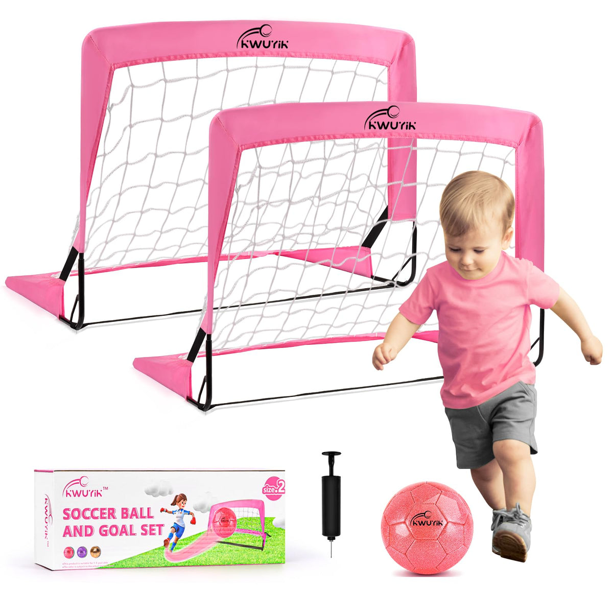 2 Pcs Pink Mini Soccer Goals Set 2x1.5x1.5ft Indoor Soccer Nets for Kids with Size 2 Toddler Soccer Ball Foldable Net Toy with Pump for Children Boys Girls Backyard (Pink)