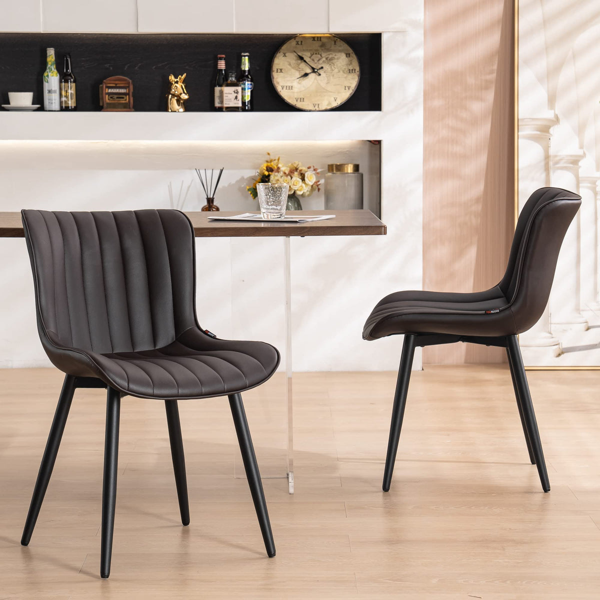 YOUNUOKE Dining Chairs Set of 2 Upholstered Mid Century Modern Kitchen Chair Comfortable Armless Faux Leather Accent Chair with Metal Legs for Guest Waiting Reception Living Room, Dark Brown