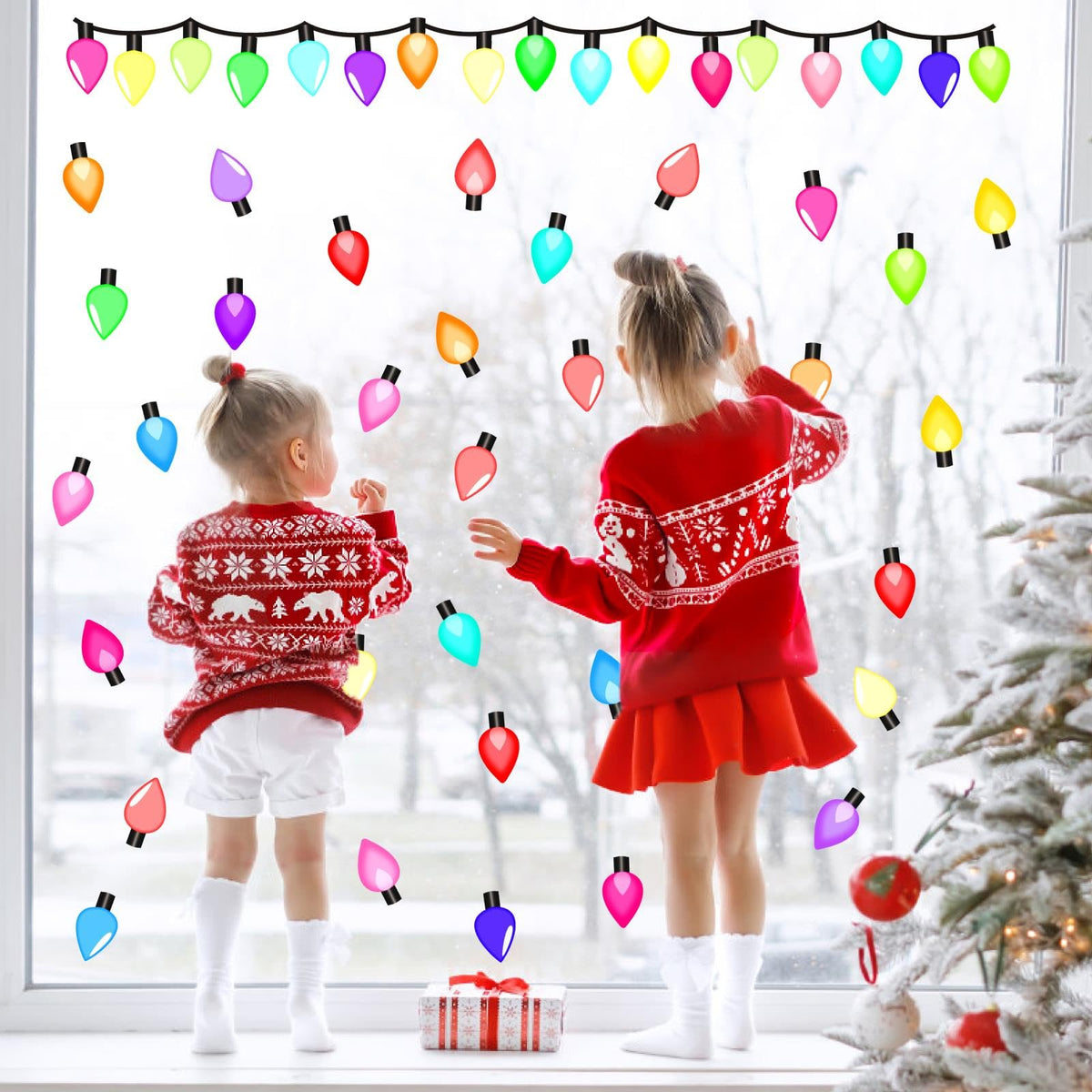 Christmas Light Window Decals Clings Double Sided Colorful Lights Wall Stickers Merry Christmas Window Wall Stickers Holiday Xmas Bright Windows Decals Holiday Light Bulb Windows Decorations
