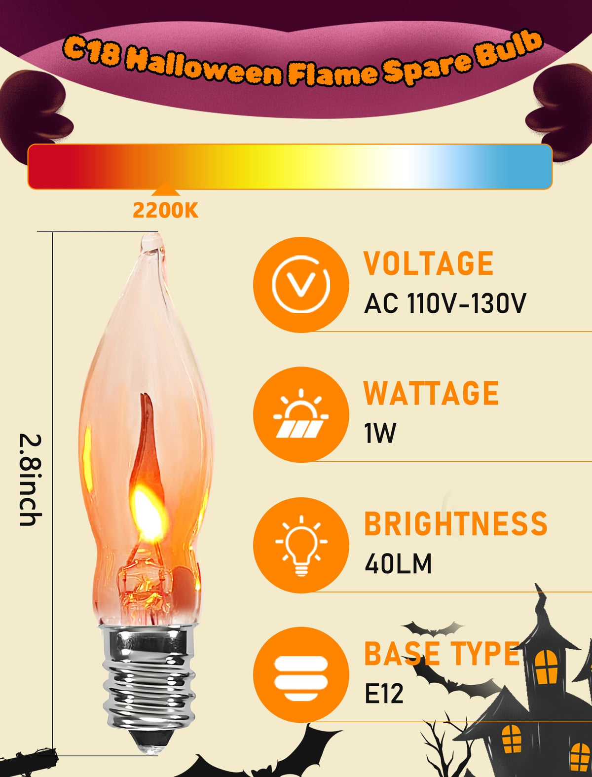 Abeja 12 Pack Flicker Light Bulb, Realistic Flame Shaped Bulb for Christmas & Halloween Candelabra Light Bulbs & String Light Replacement 1w, 120 Volt E12 Flame Candelabra Light Bulbs