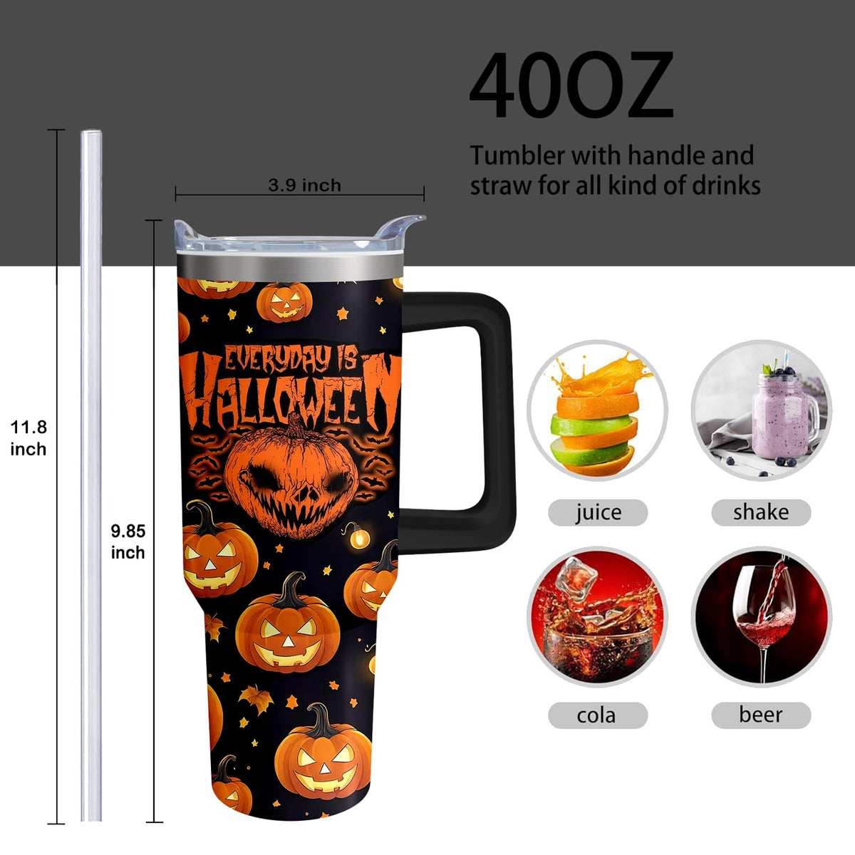 40oz Halloween Pumpkin Gift Fall Tumbler with Handle and straw, Horror Scary Spooky Stainless Steel Insulated Cup, Coffee Mug Water Bottle for Halloween
