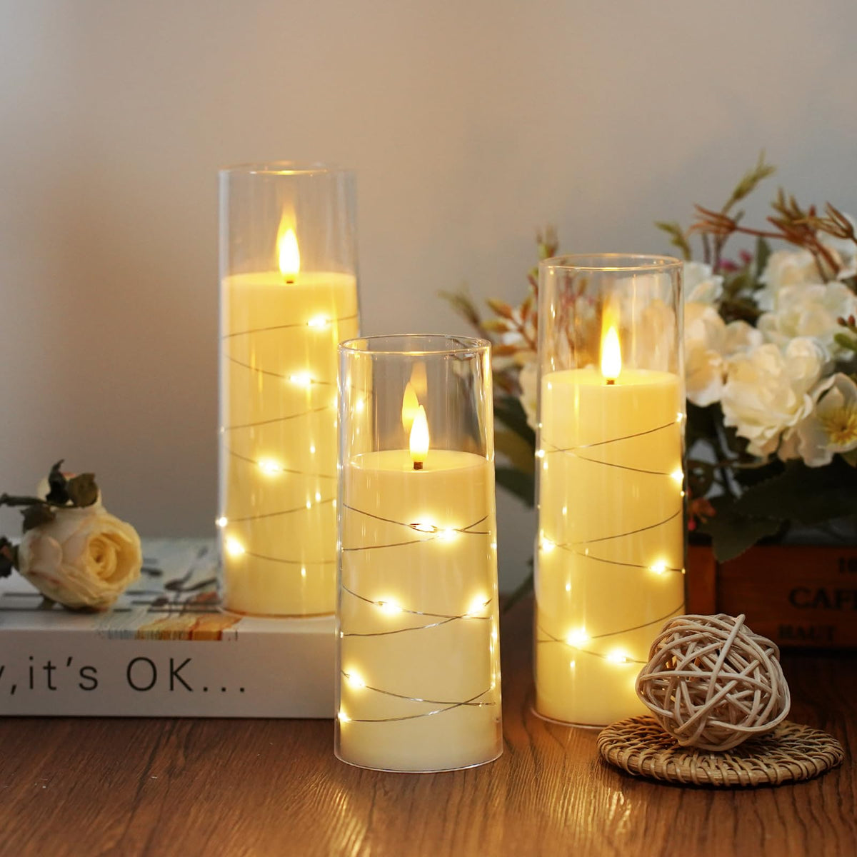 Flameless Candles,with Embedded Star String, Battery Operated Candles Flickering LED Pillar Candles with Remote Control and Timer, Home Decoration Add a Warm and Romantic Atmosphere，Set of 7 (Ivory)