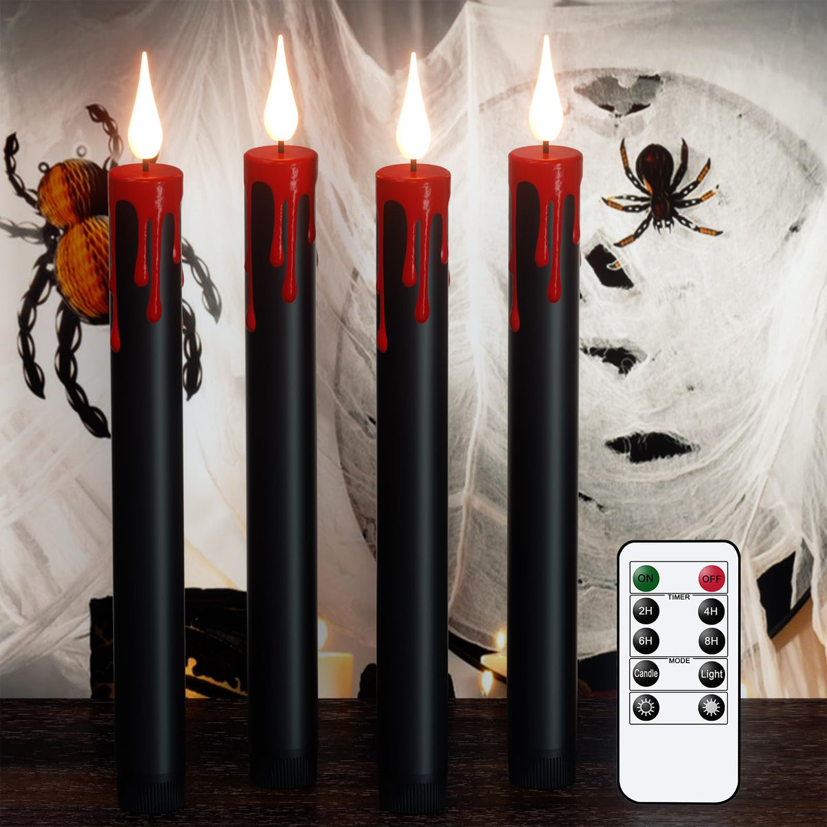 GenSwin Halloween Black Taper Flameless Candles Battery Operated with Remote Timer, 4 Pcs Drip Wax Flameless LED Candle Sticks with 3D Flickering Flame for Window Fireplace Decor (0.78 x 8.9 inches)