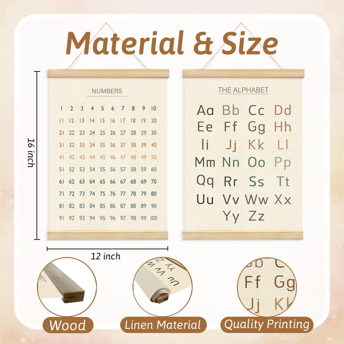 Lacama Educational Charts & Posters Hanger Frame - Homeschool Supplies，ABCs 123s Kids Learning Educational Gift for Toddler Ages 2 3 4 5，Alphabet Poster For Toddlers，1-100 Number Chart