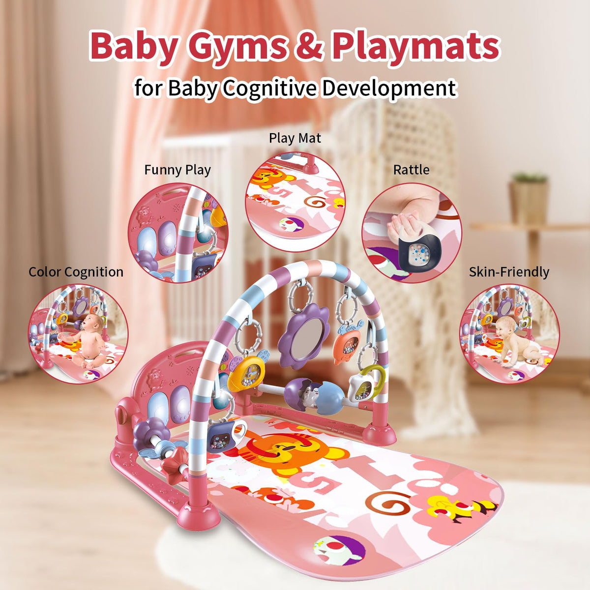 Baby Gym Play Mat, Piano Kick and Play Lights and Music Tummy Time Toys Infant Musical Activity Gym Mat for Visual, Hearing, Sensory, Gift Suitable for Newborns Aged 0 to 3 6 9 12 Months (Pink)