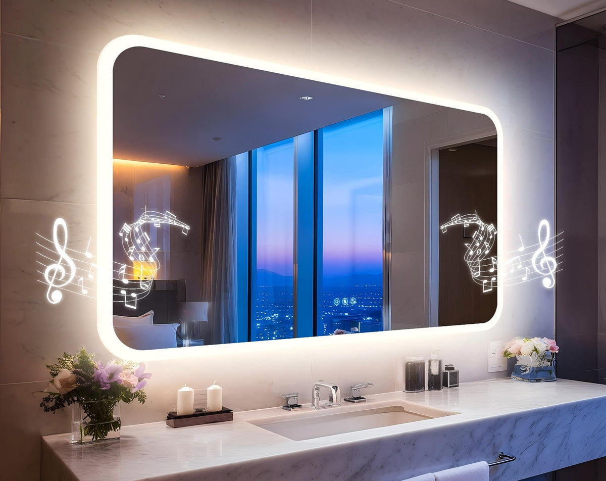 LUVODI Rectangle LED Bathroom Mirror: Smart Bluetooth Vanity Mirror Front-Lit Defogger Stepless Dimming, 27.6x47.3 inch