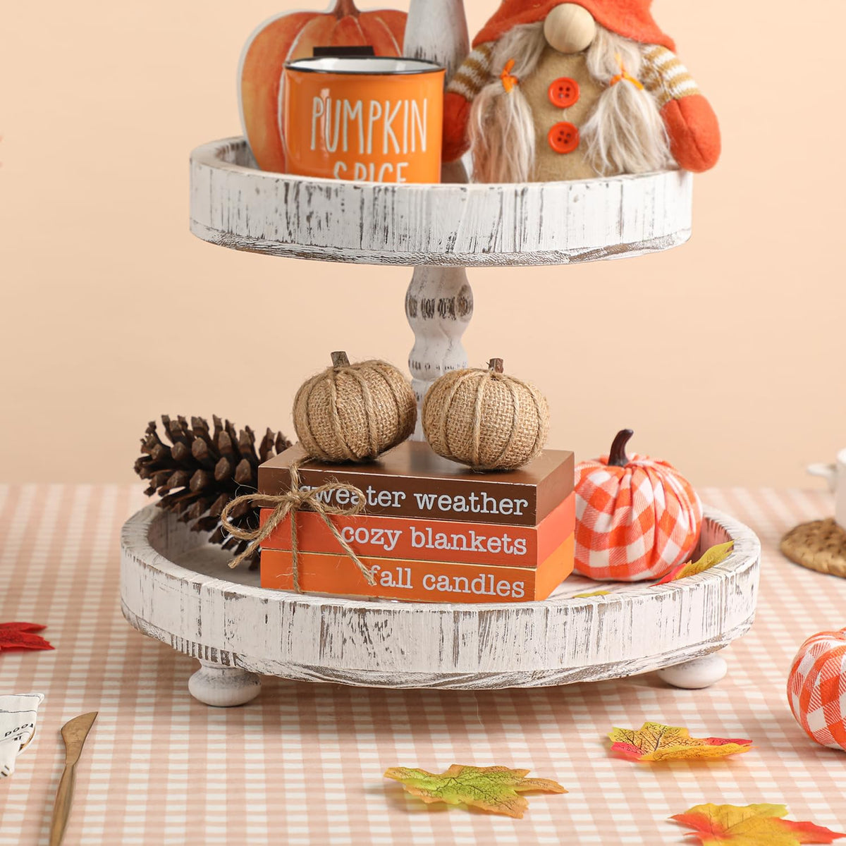 KORMMCO Thanksgiving Decor, Fall Tiered Tray Decor, Wood Book Stack with Maple Leaves & Pumpkins, Farmhouse Mini Decorative Books Bundle, Fall Decor for Table