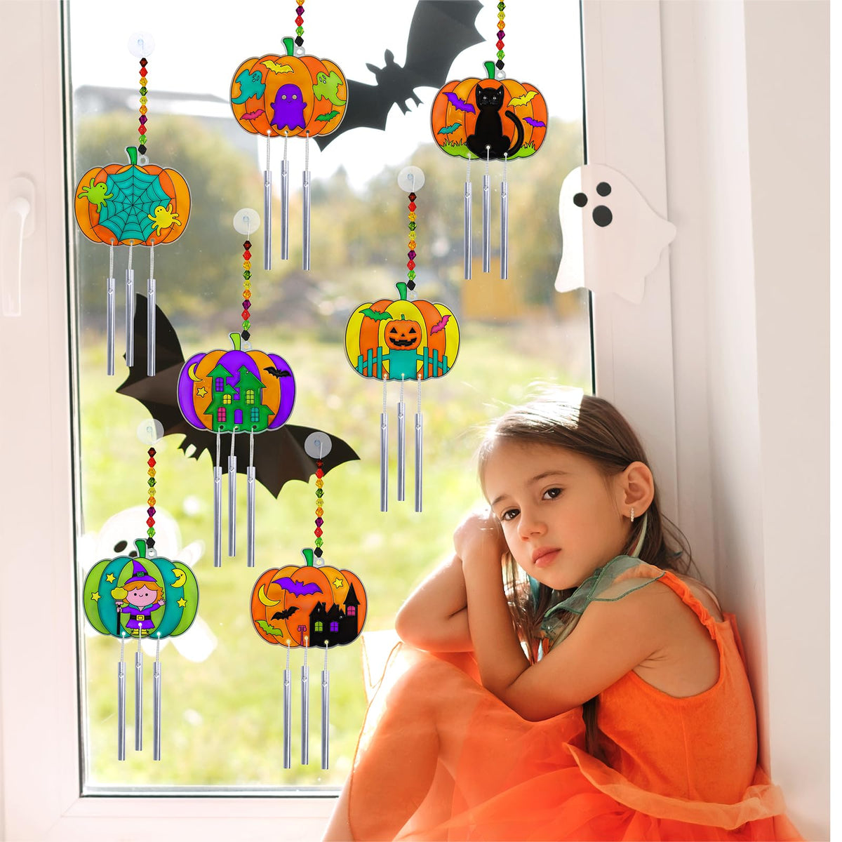 Winlyn 24 Sets Halloween Pumpkin Suncatcher Wind Chime Ornaments Decorations DIY Window Paint Art Suncatcher Craft Kits Pumpkin Sun Catchers for Kids Classroom Halloween Activities Holiday Art Project