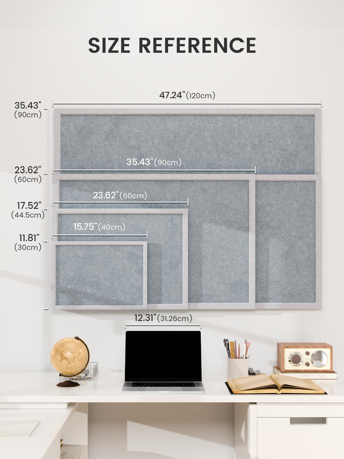 Fluxynara Foldable Cork Board Alternative, Felt Bulletin Board 23.6" x 17.5" Soft Gray Frame with 12 Adhesive Tabs, Pin Board for Home Office, Classroom, Entryway, Kitchen Wall Decor—Blue Gray