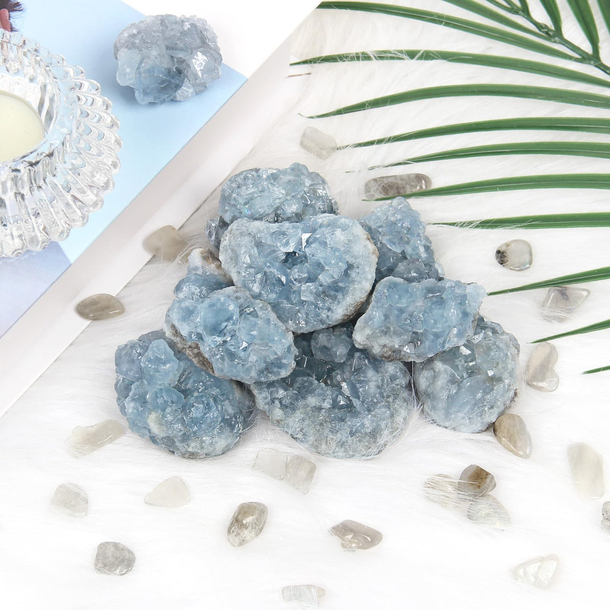 1.1lb Bulk Raw Celestite Cluster Rough Crystal-Natural Celestite Cluster Raw Stones Crystal for Tumbling, Cabbing, Fountain Rocks, Decoration, Polishing, Wire Wrapping, Wicca & Reiki Crystal Healing