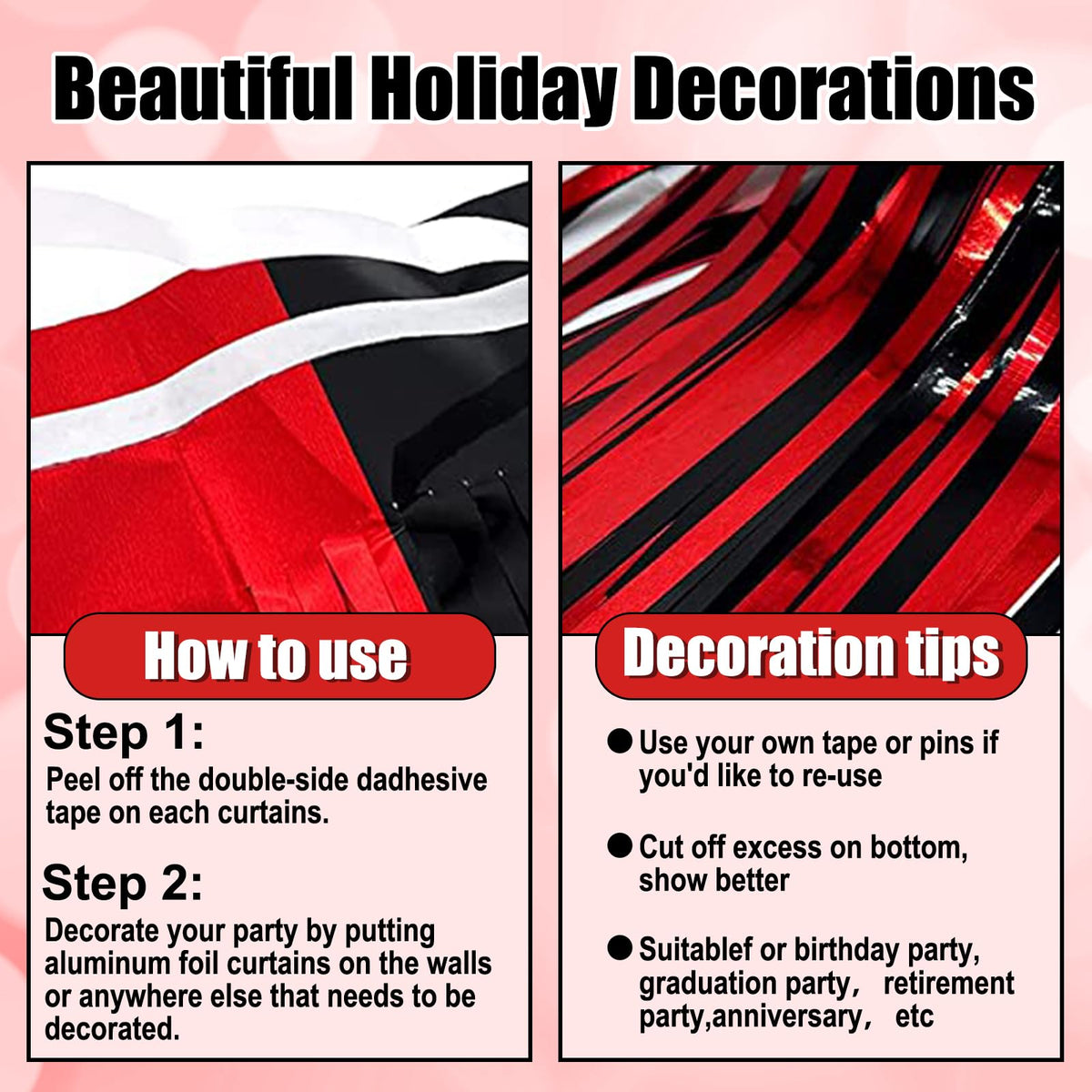 4 Pack 10 Ft Black Red Foil Fringe Garland Metallic Tinsel Streamers Banner Wall Hanging Curtain Backdrop for Parade Floats, Christmas Day, Thanksgiving Day, Halloween, New Year Party Decoration
