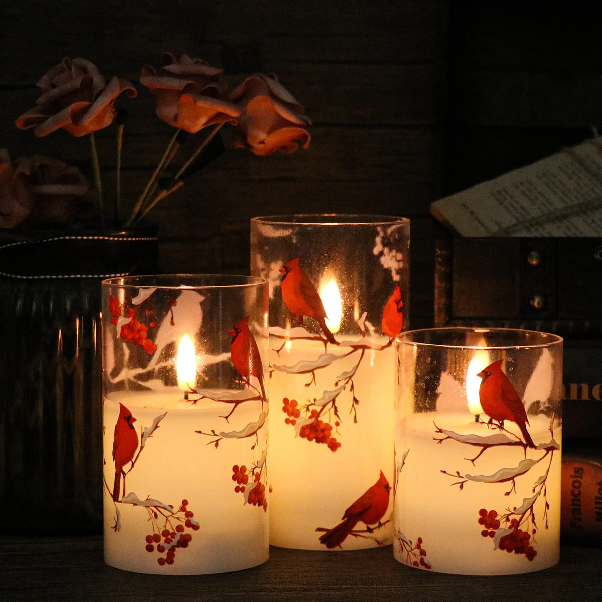 GenSwin Red Bird Glass Flameless Candles with Remote Timers, Battery Operated 3D Wick Led Flickering Light, Real Wax Pillar Candles for Christmas Home Decoration(Pack of 3, 3”x4”5”6”)