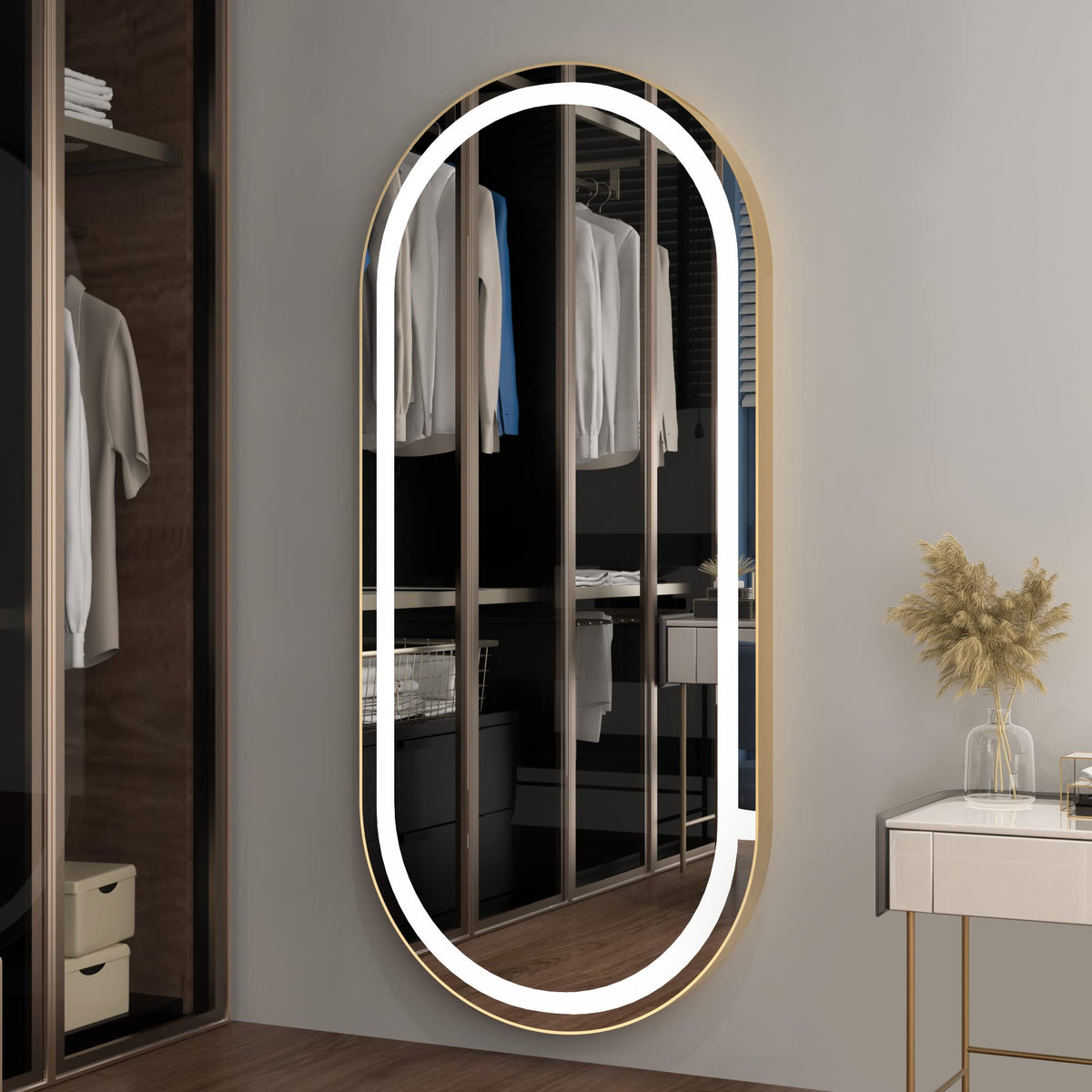 FENNIO 70" x 32" Large Luxury Wall Mounted Mirror with LED Lights - Oval Full Length LED Lighted Full Body Dressing Mirror for Bedroom, Salon, Brushed Aluminum Frame, Tempered Glass