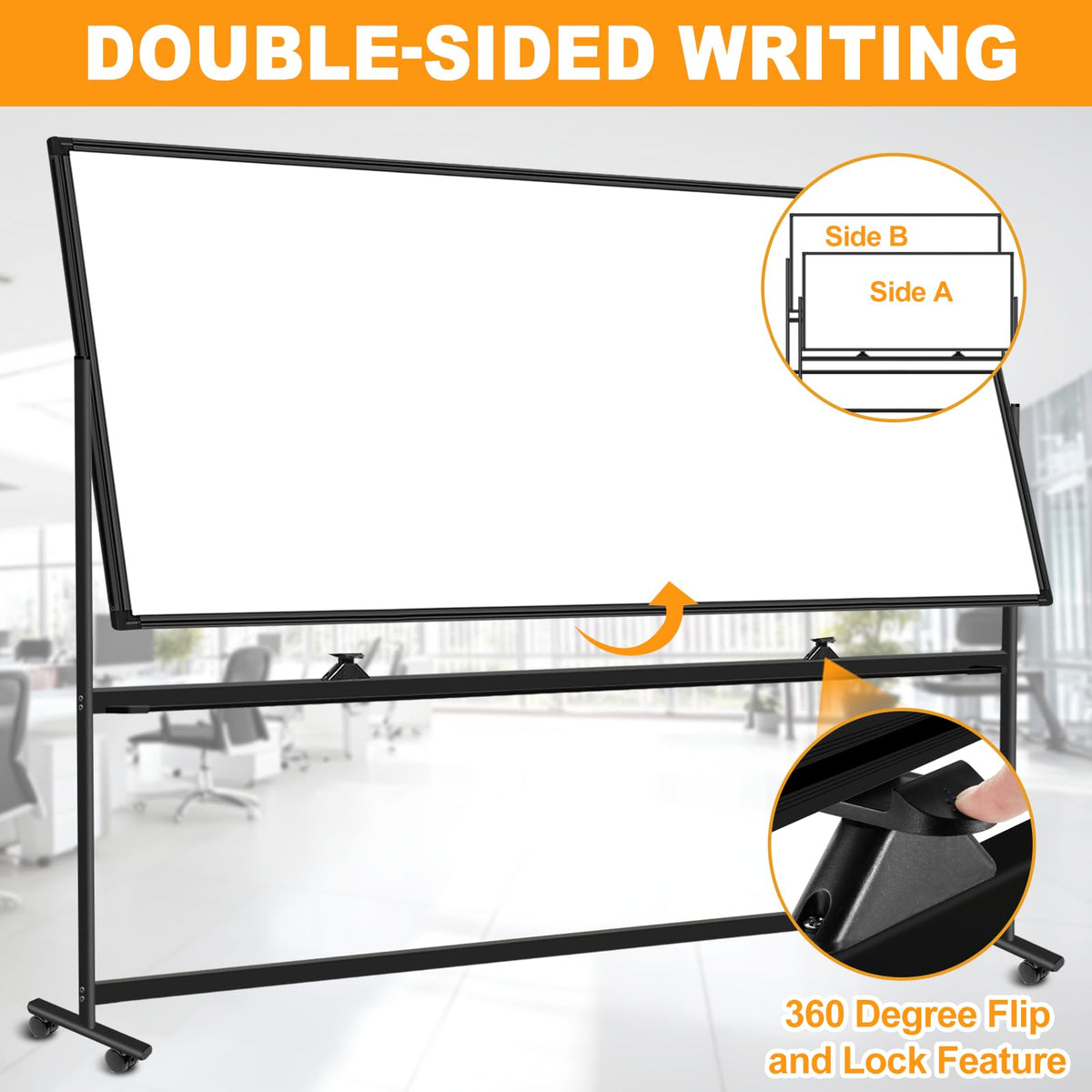 Large Magnetic Rolling Whiteboard on Wheels, 96 x 48 Inches, Double-Sided Mobile White Board with Stand, 8' x 4' Dry Erase Board with Stand for Office, School, Home, 3 Eraser, 6 Markers, 24 Magnets
