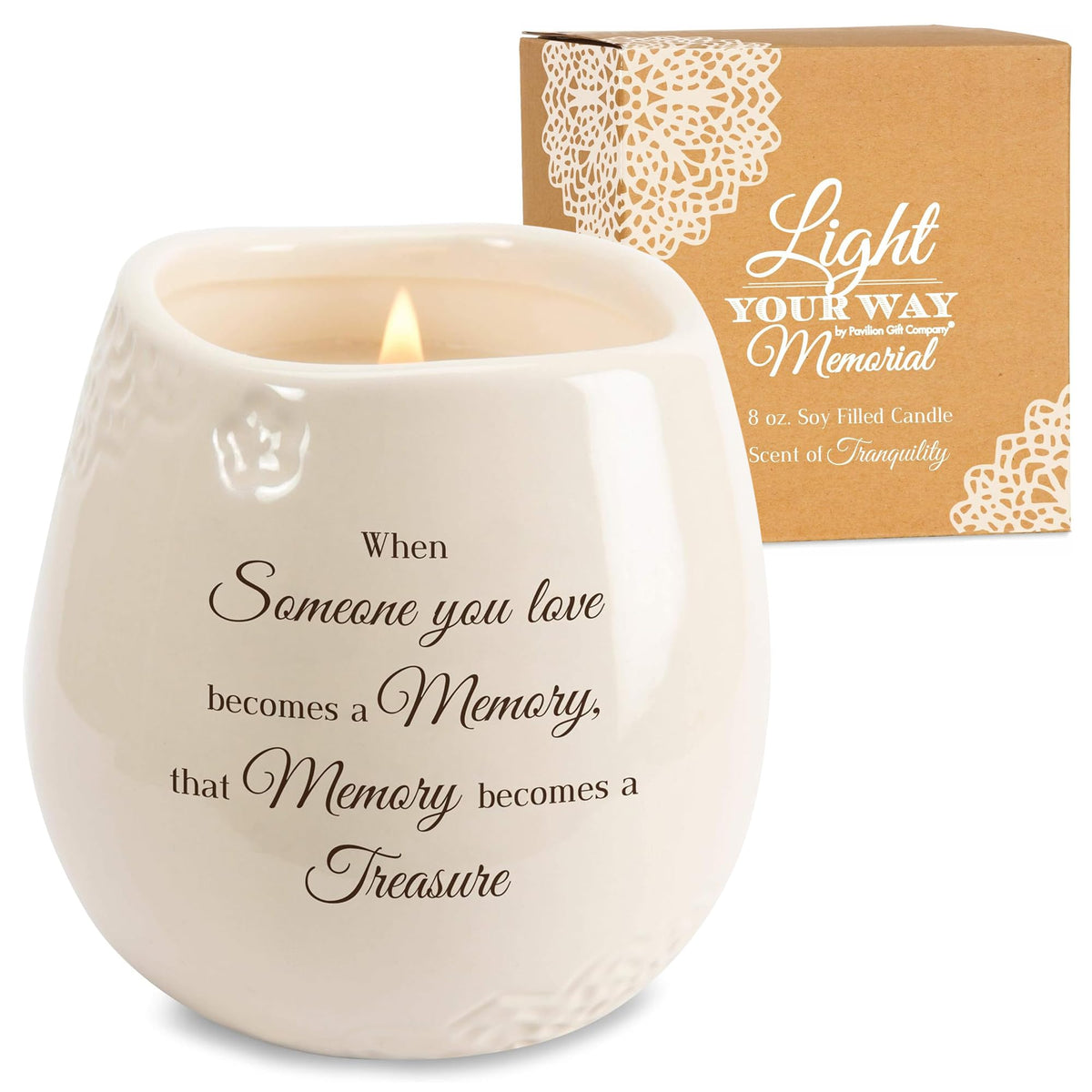 Pavilion - 8 Oz Candle Holder - Cream Beige Ceramic Candle Vessel with 100% Soy Wax, Tranquility Scent When Someone You Love Becomes A Memory Remembrance Gift - Printed Text, Love Theme, Round Shape
