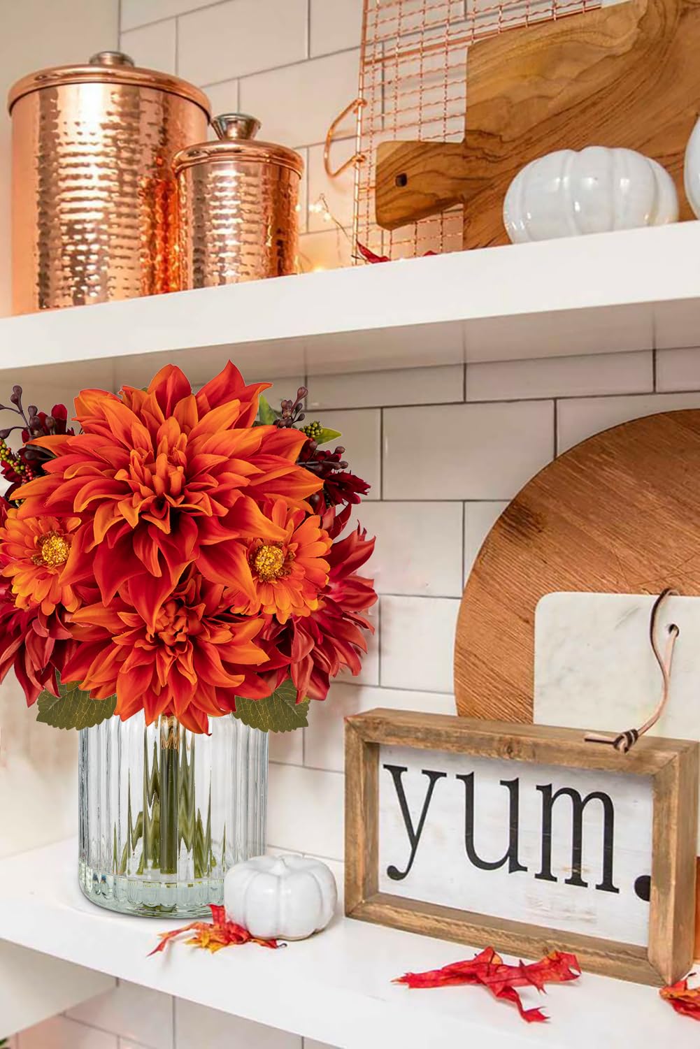 Briful Fake Fall Flowers with Vase, Artificial Dahlia & Mum Silk Floral Arrangement with Glass Vase Faux Autumn Flowers Bouquet for Home Office Room Coffee Table Centerpiece Wedding Decoration