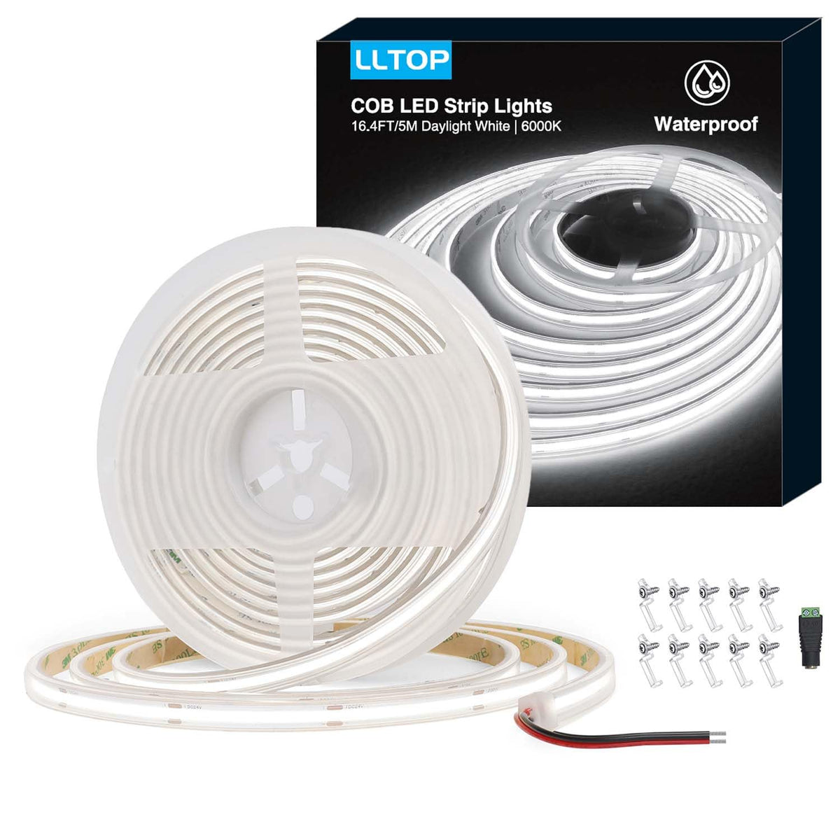 LLTOP COB LED Strip Lights Waterproof IP67 DC24v Daylight White 6000K 16.4ft/5m High CRI 92Ra+ Outdoor LED Tape Lighting DIY Cuttable for Bedroom Kitchen Cabinet Shelf (Power Supply Not Included)