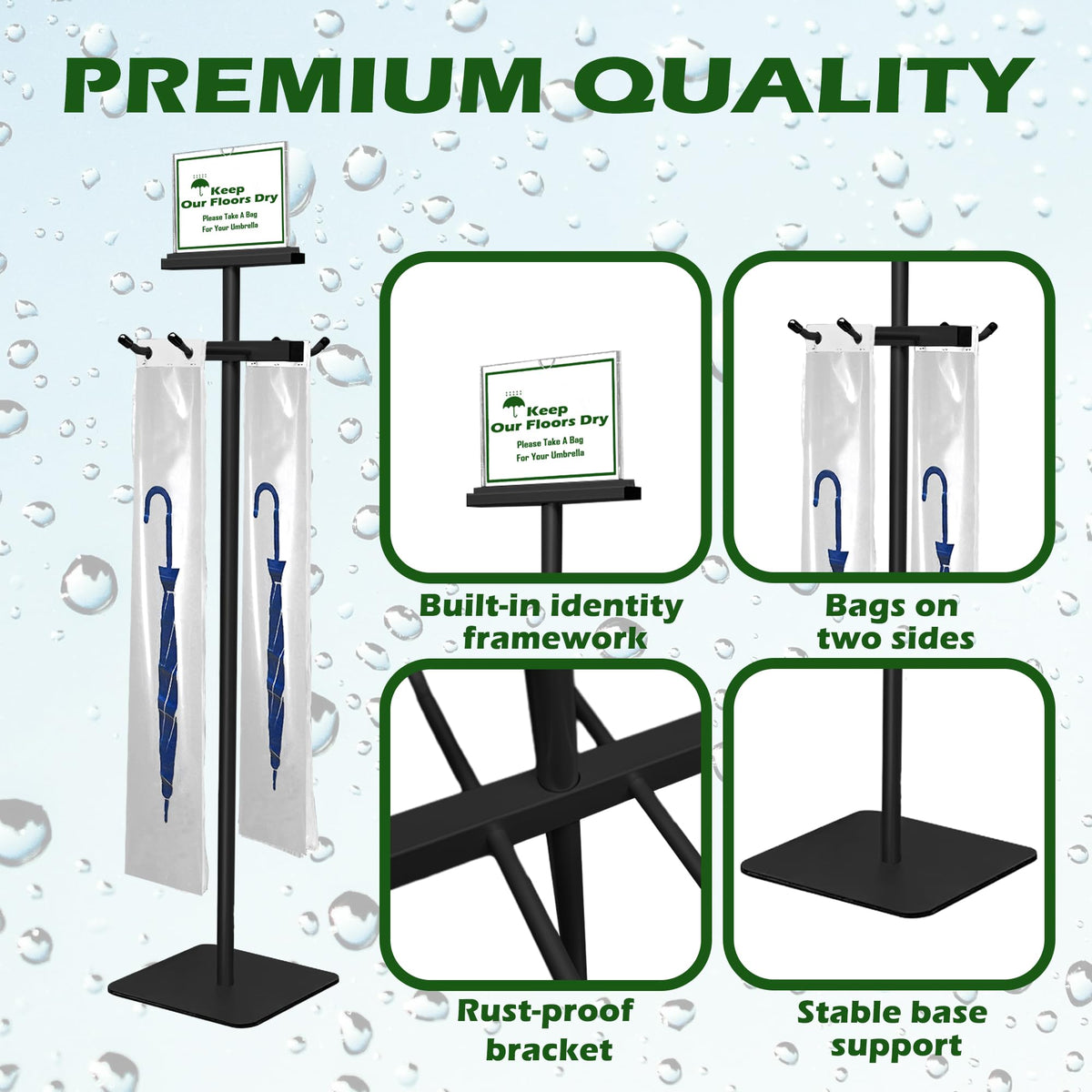 Montex Umbrella Bag Stand, Wet Umbrella Bags Stand with Free 210 Disposable Large Plastic Umbrellas Bags, Black