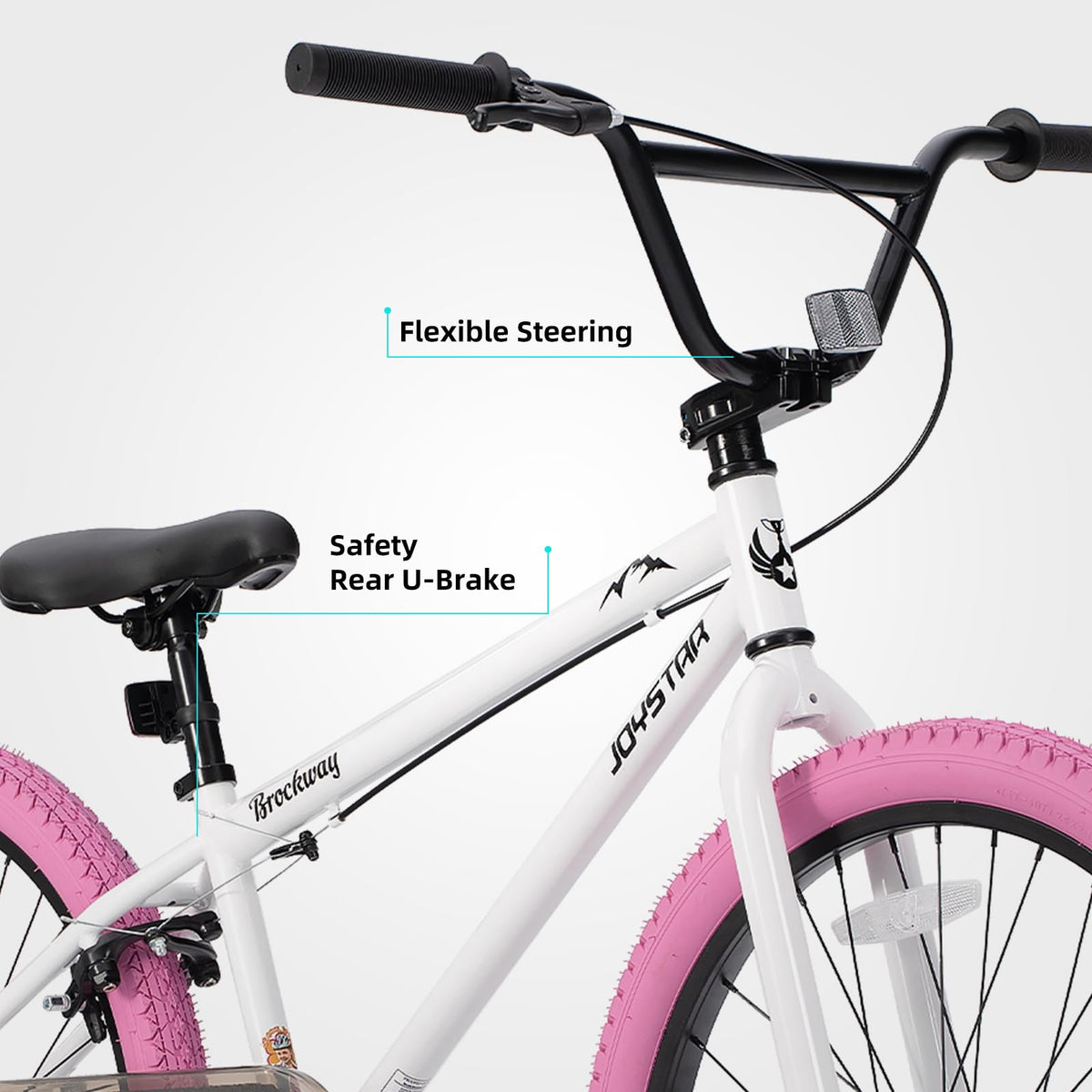 JOYSTAR 24 Inch Kids Bike Freestyle BMX Bikes for 8-12 Years Boys Girls and Beginner Riders, 24 Inch Bikes with Pink Tires, White Frame