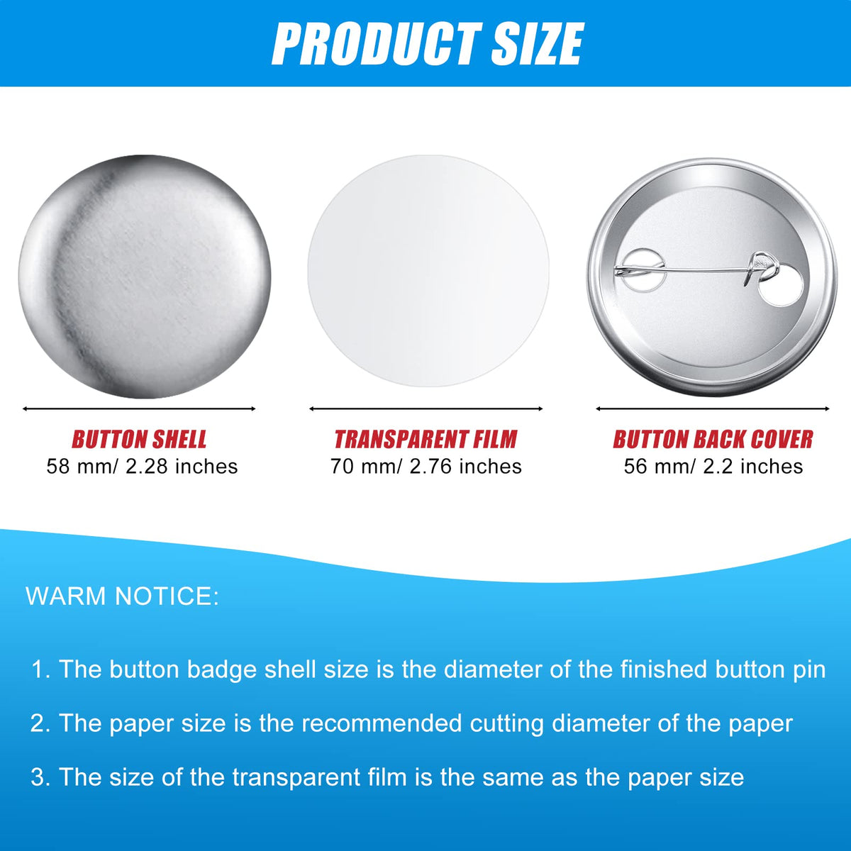 150 Pcs Blank Button Making Supplies Round Button Parts Metal Badge Sets for Badge Maker Machine, Include Metal Shells Back Cover Clear Film Components(58 mm/ 2.28 Inch,Silver)