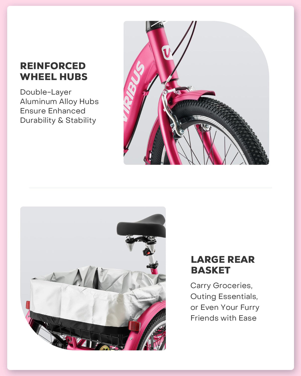 VIRIBUS Folding Tricycle for Adults, 7 Speed 20 Inch Mini Foldable 3 Wheel Bikes for Women Seniors with Dual Chain & Low Step-Through Frame, Collapsible Trike with Cargo Basket, 330 lbs, Hot Pink