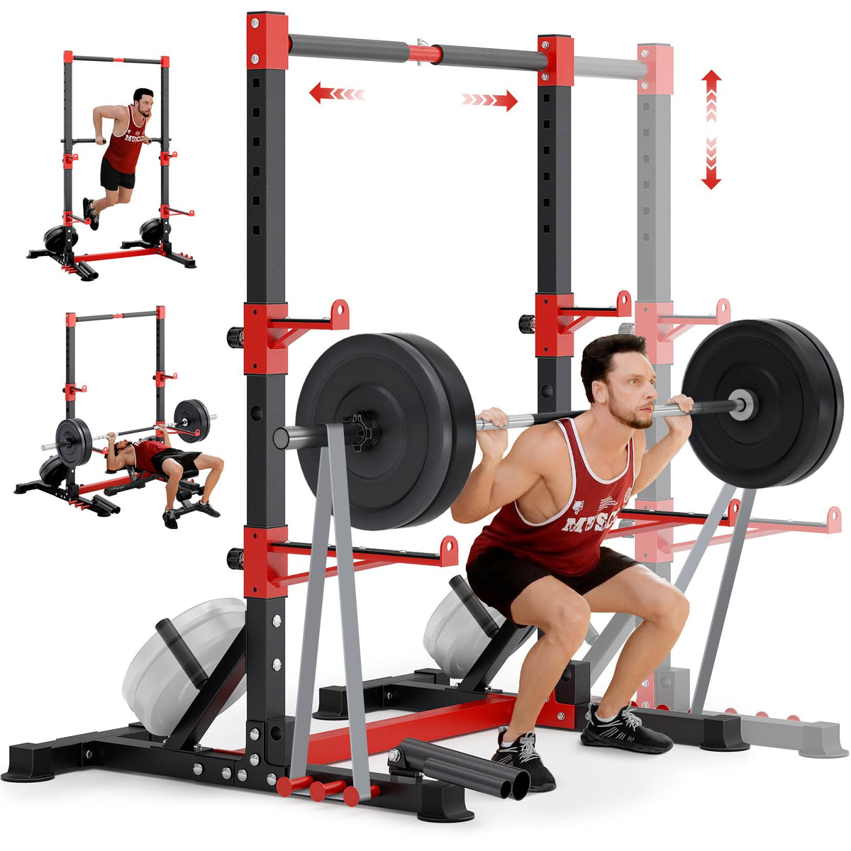 YOLEO Squat Rack with Adjustable Pull-Up Bar & Extended Safety Arms, Multi-Functional Power Racks Squat Stand for Home Gym, Garage & Basement, 35"-67" Width, Fixed 83” Frame Height, Pull-Up Bar Height 71.5"-80.5", Fits 6FT & 7FT Barbells