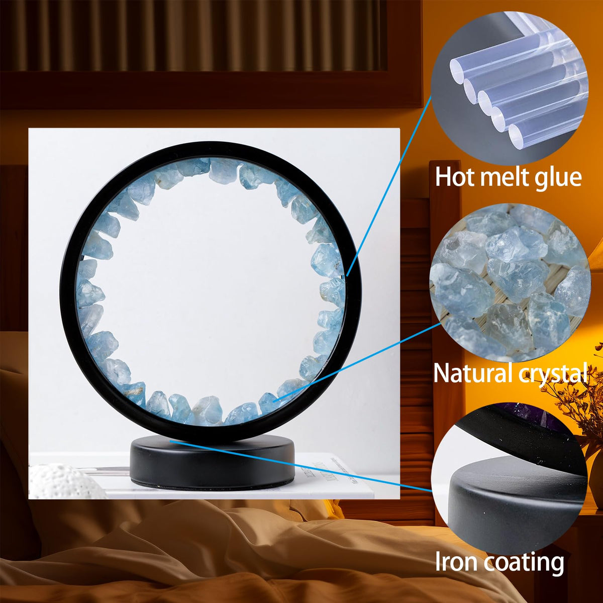 Runyangshi Celestite Night Light 8.6" Natural Healing Crystal Bedside USB Port 3 Colours Dimming Mode Bedroom Lamp Suitable Night Lamp Ideal Gift