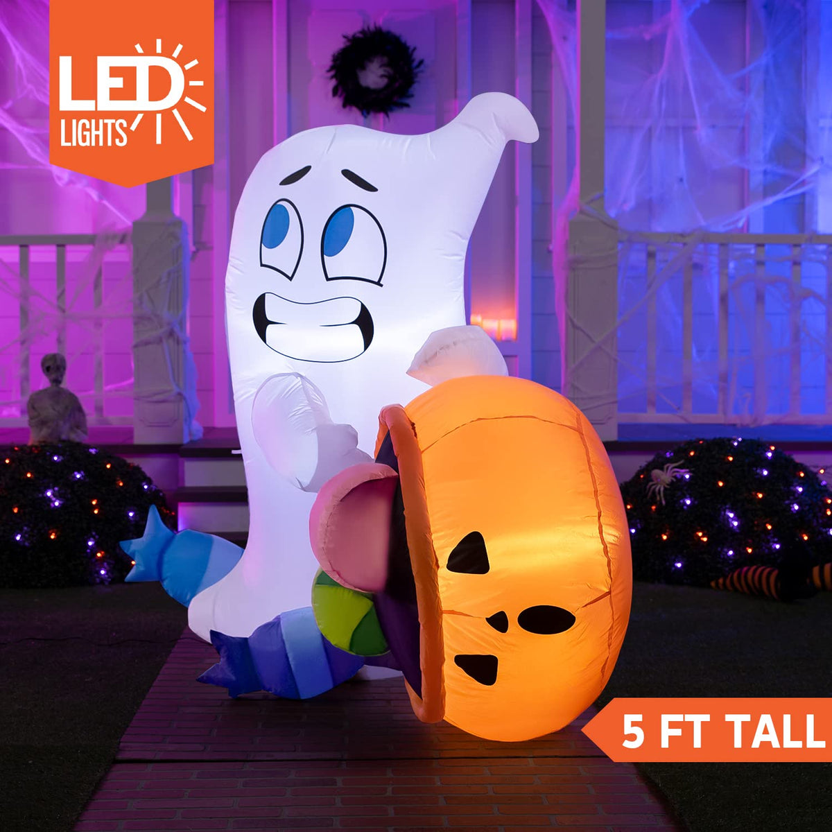 Joiedomi 5 FT Tall Halloween Inflatable Outdoor Decorations, Halloween Ghost Blow Up Yard Decorations, Inflatable Ghost with Candy Pumpkin Cauldron for Garden Decoration