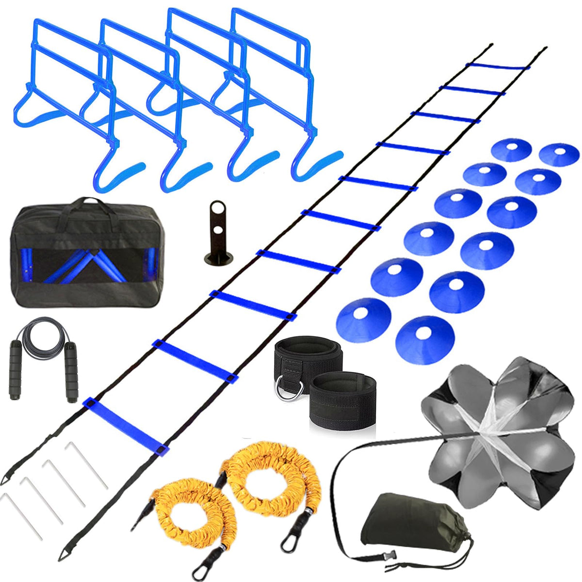Kvittra Adjustable Speed Training Hurdles Fitness & Speed Training Equipment with Agility Ladder - Plyometric Fitness & Speed Training – Hurdle/Obstacles for Soccer, Football, Track & Field (Blue)