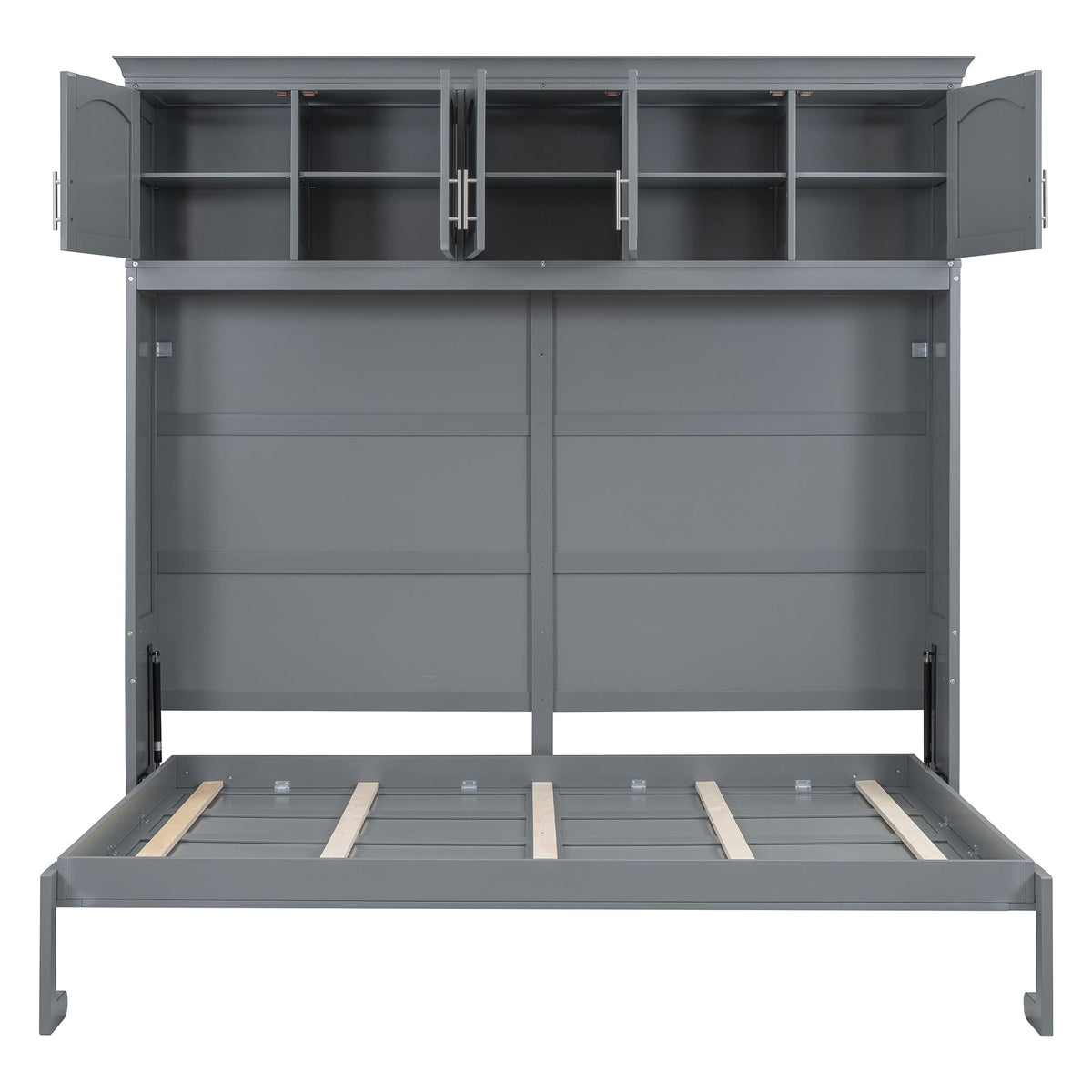Merax Modern Murphy Cabinet Bed with Top Cabinets, Solid Wood Wall Platform Bed/No Box Spring Needed/Easy Assemble Full,Gray
