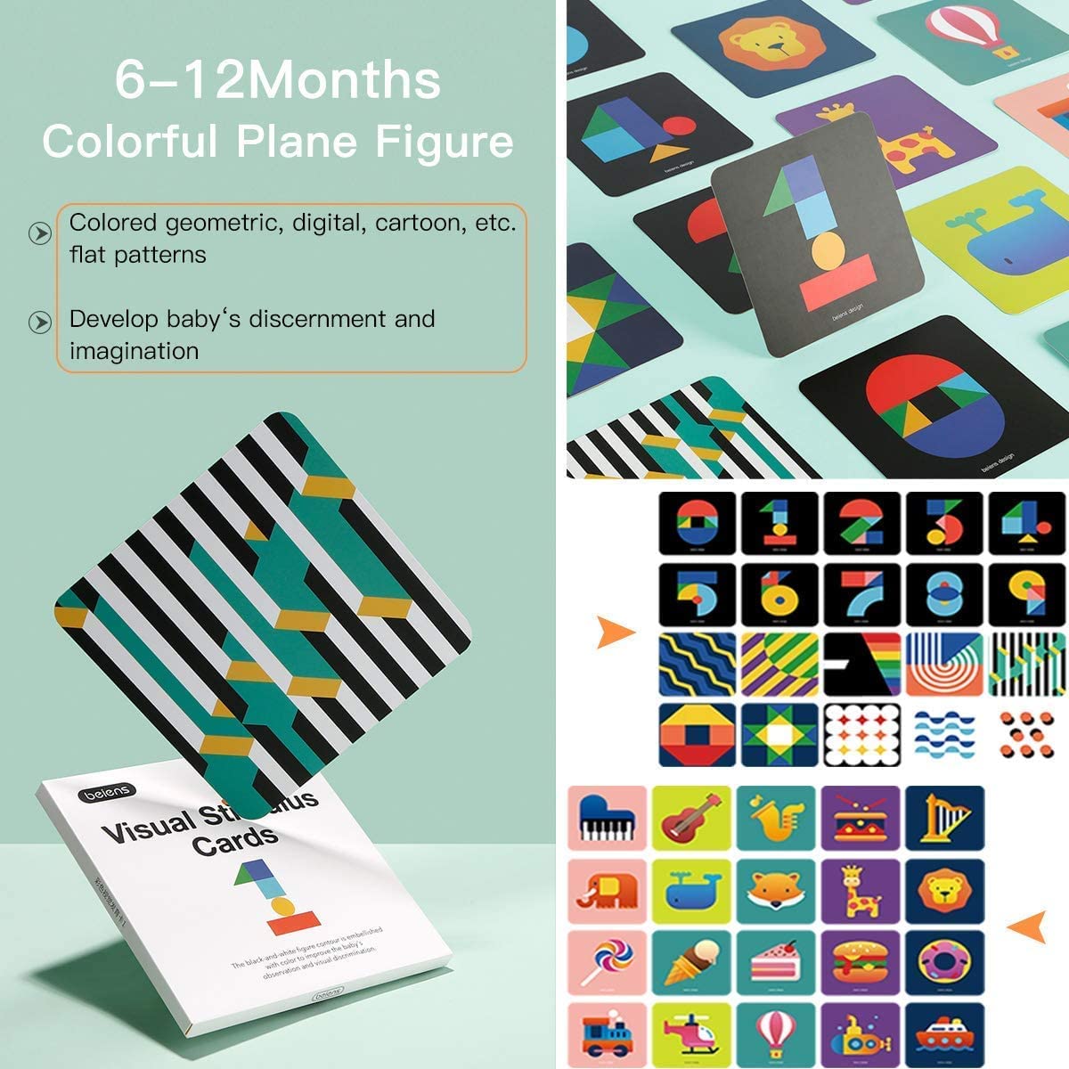 beiens High Contrast Baby Flashcard, 80 Pcs 160 Page Black White Colorful Visual Stimulation Learning Activity Card for Babies Ages 0-3-6-12-36 Months, 5.5'' x 5.5'' Newborn Infants Toys Gift