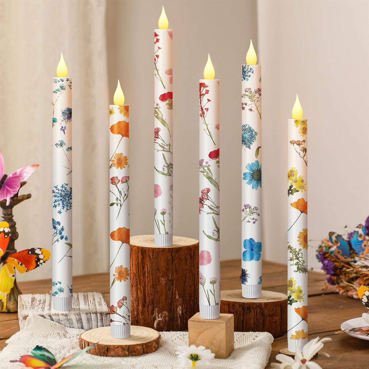 Nuanchu 6 Pcs Flower Flameless Candles 10. 6 '' LED Pressed Floral Pastel Taper Candle Battery Operated Flameless Taper Candlestick Dried Flower Candlestick for Home Wedding Summer Garden Party Decor