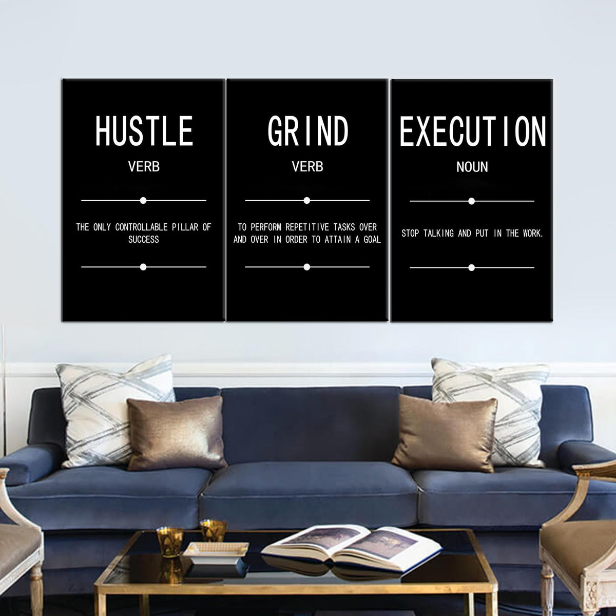 Motivational Wall Art Grind Hustle Execution Noun Poster Inspirational Quotes Painting 3 Pieces Canvas Print Office Decor Inspiring Framed for Wall Art Decoration Ready to Hang [72''Wx 36''H]