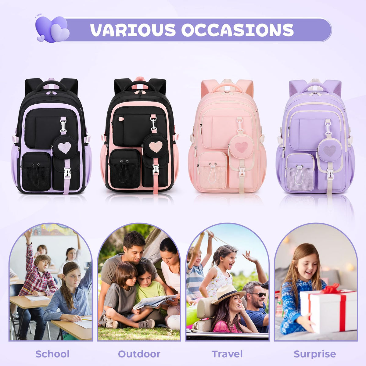 MOONBABY Girls Backpack, Kids Backpack for Girls, School Bag for Primary Elementary Teenage, Middle Students Bookbag, Kawaii School Backpacks for Girl Ages 8-12, Black and Purple