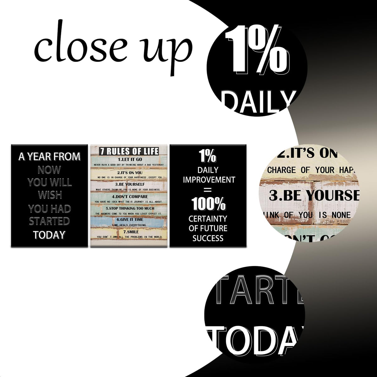 PSYYSP Motivational Wall Art 7 Rules of Life Canvas Print Framed Inspirational Quotes Poster for Office Home Gym Success Action Discipline Decor Modern Black White Artwork 36x16