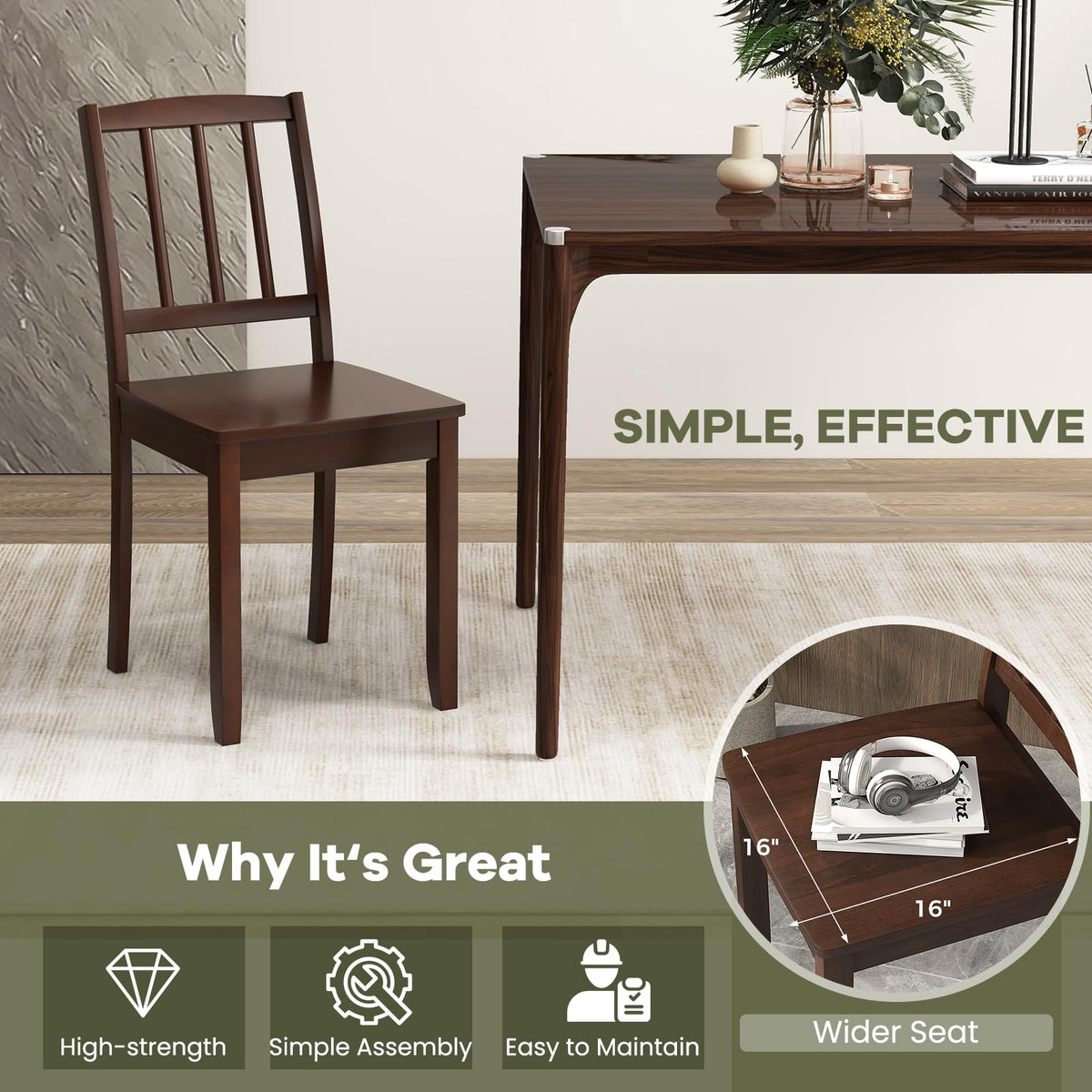 NAFORT Wooden Dining Chairs Set of 6, Slat High Back Solid Rubber Wood Chair, Vintage Dining Room Chairs with Max Load of 400 Lbs for Kitchen Table, Dining Room, Cafe, Restaurant